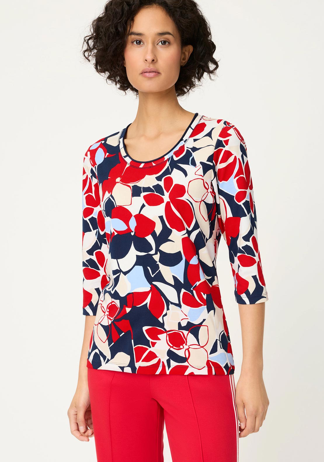 Olsen Geometric Print U-Neck Top, Navy Multi