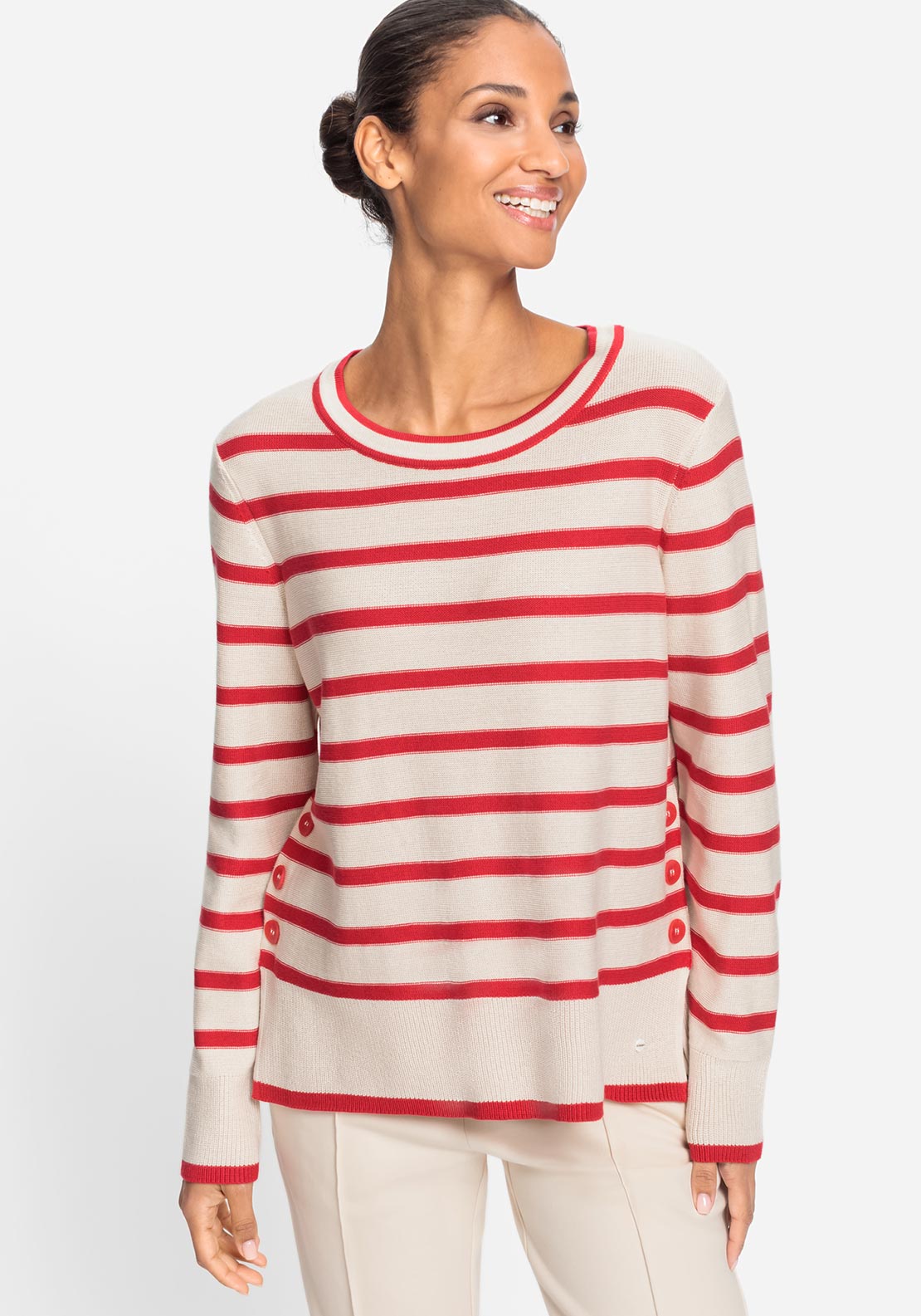 Olsen Henny Striped Button Detail Jumper, Red and Beige