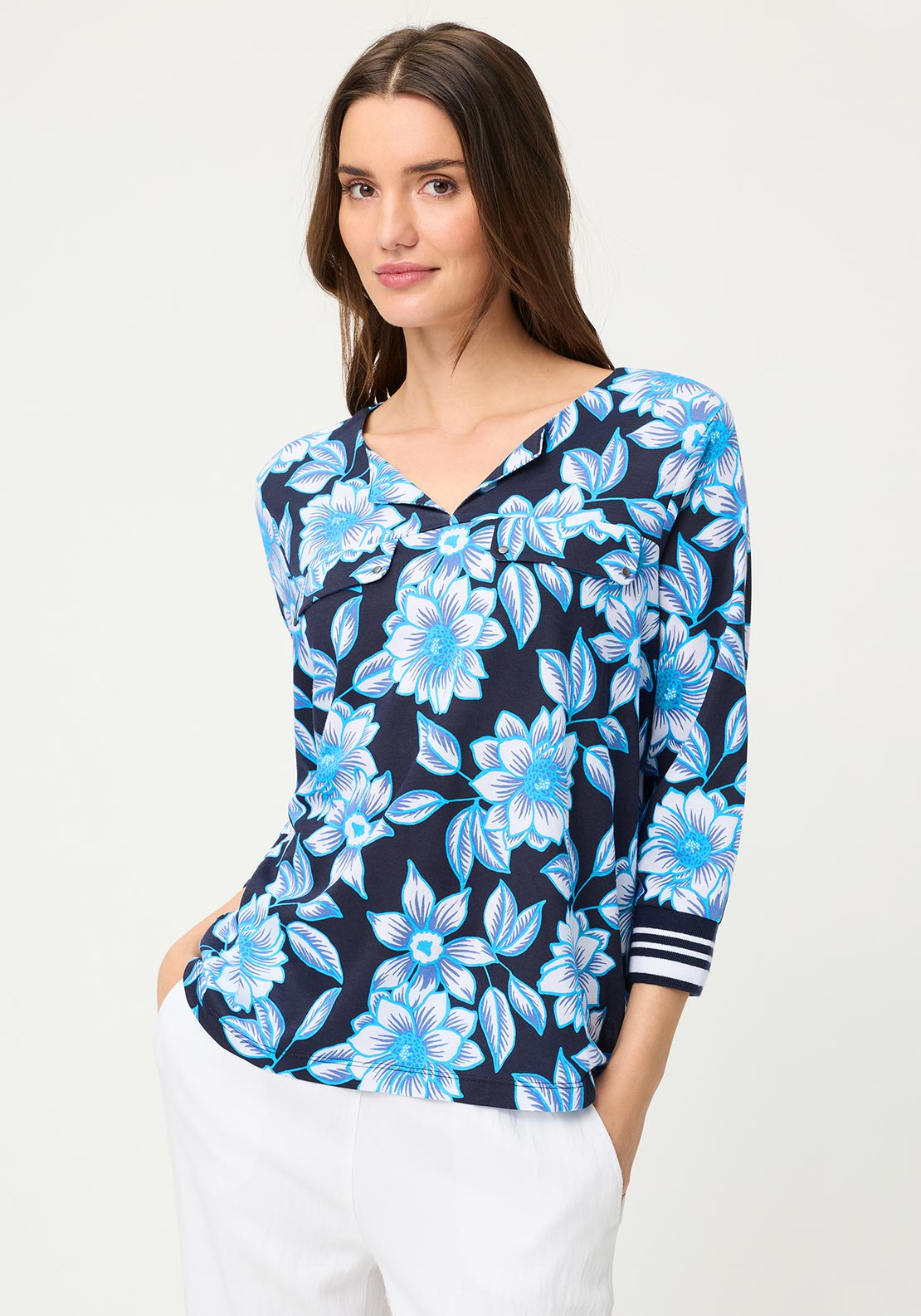 Olsen Floral Print with Pocket Detail Top, Blue Multi