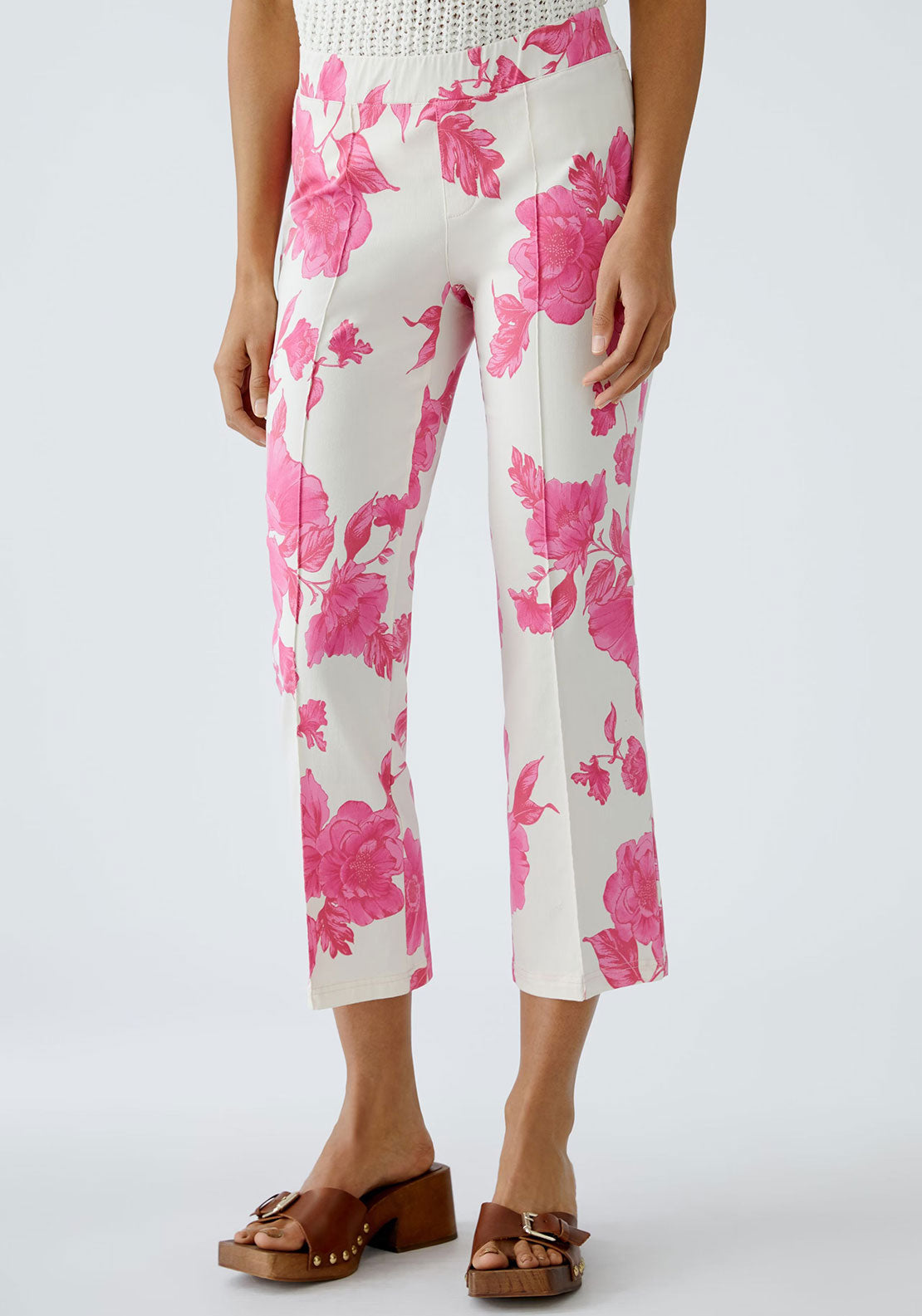 Oui Floral Print Slim Leg Pull on Trousers, Pink McElhinneys