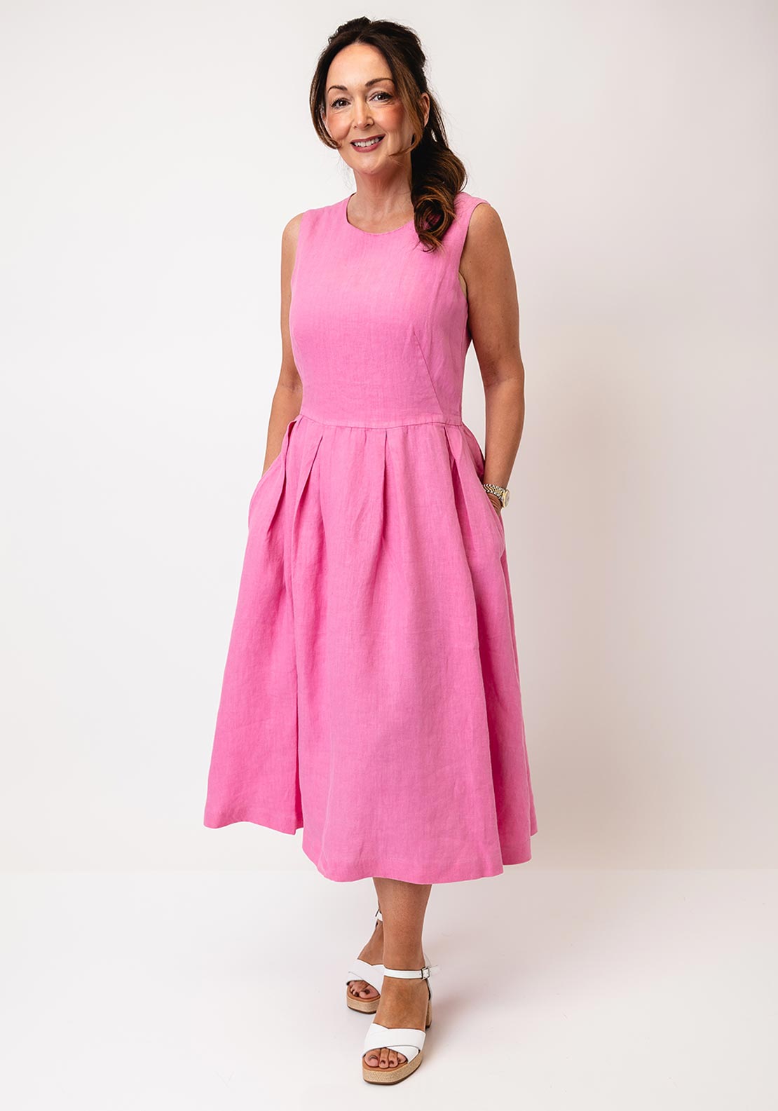 oui linen dress OUI LINEN SLEEVELESS DRESS - BROWN