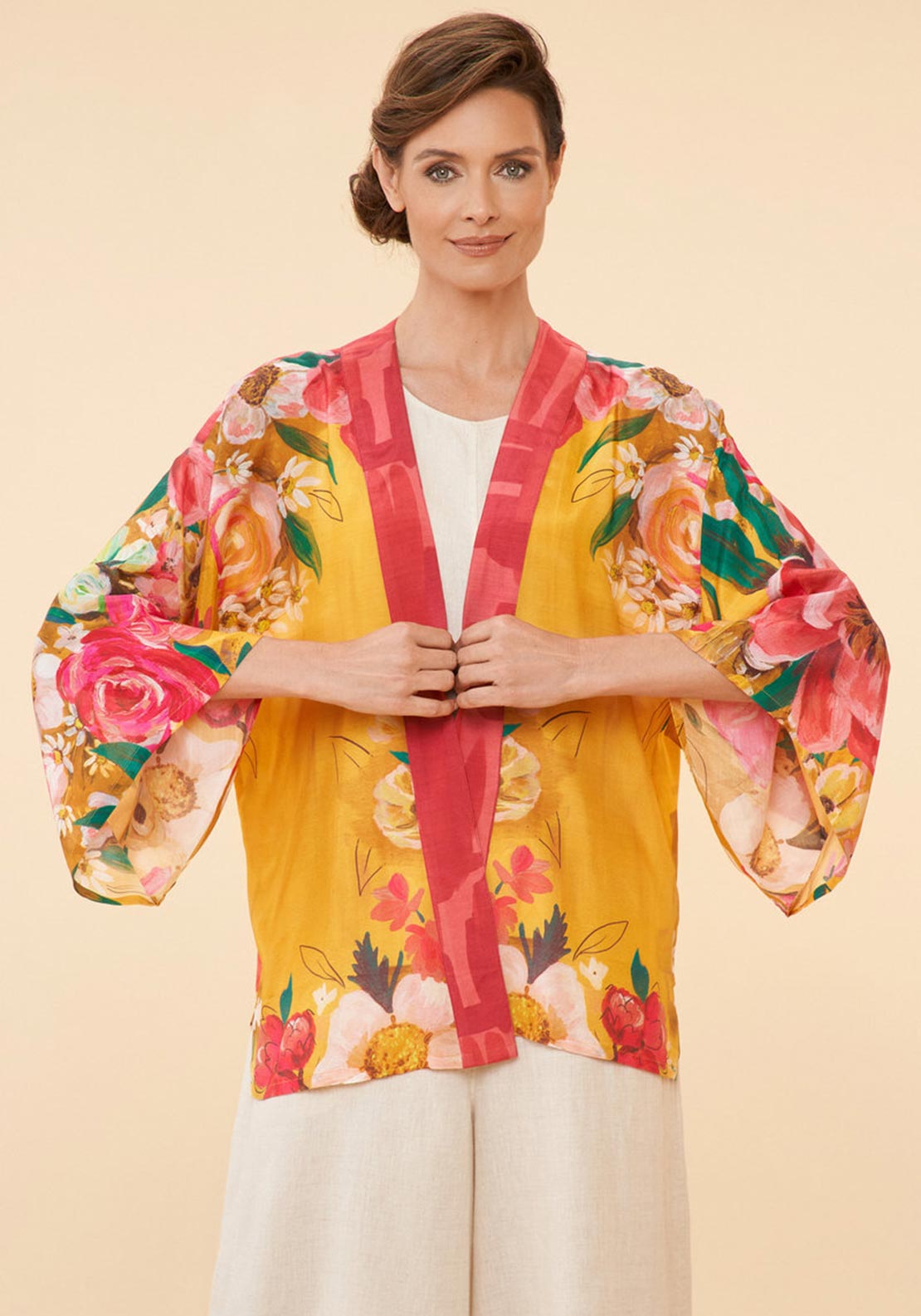 Powder Impressionist Floral One Size Kimono Jacket, Mustard