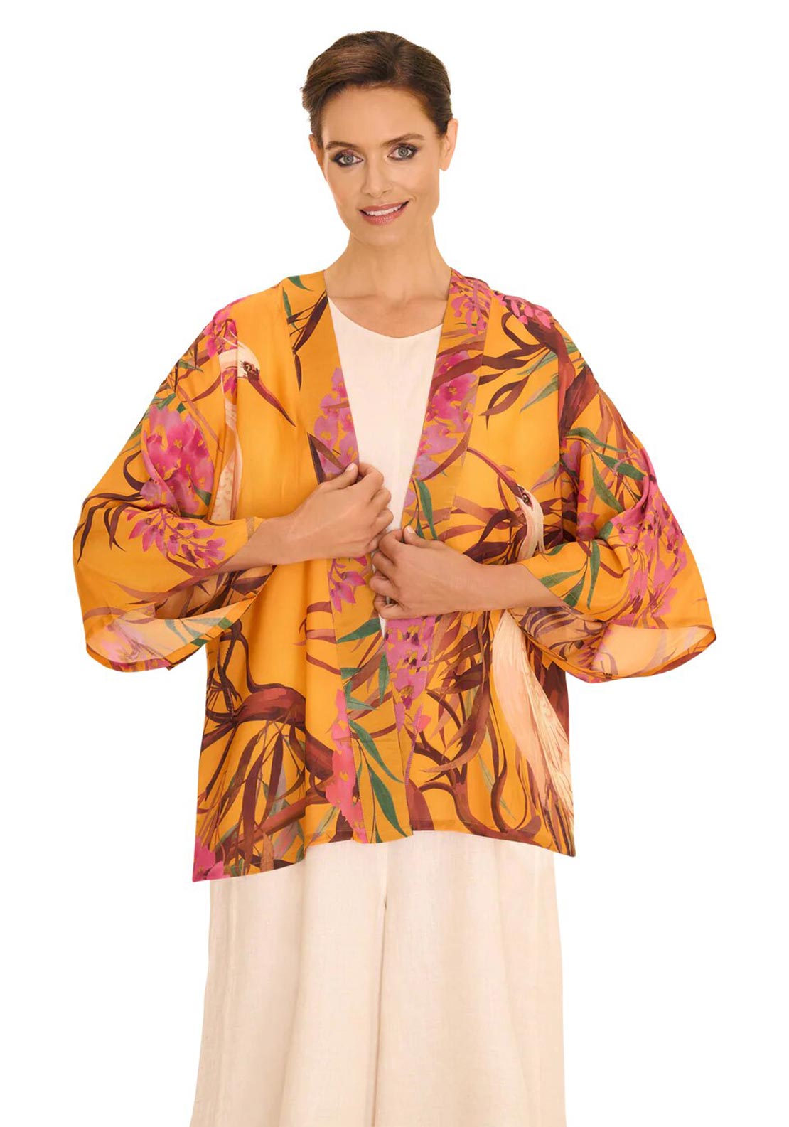 Powder Oriental Crane One Size Kimono Jacket, Ochre