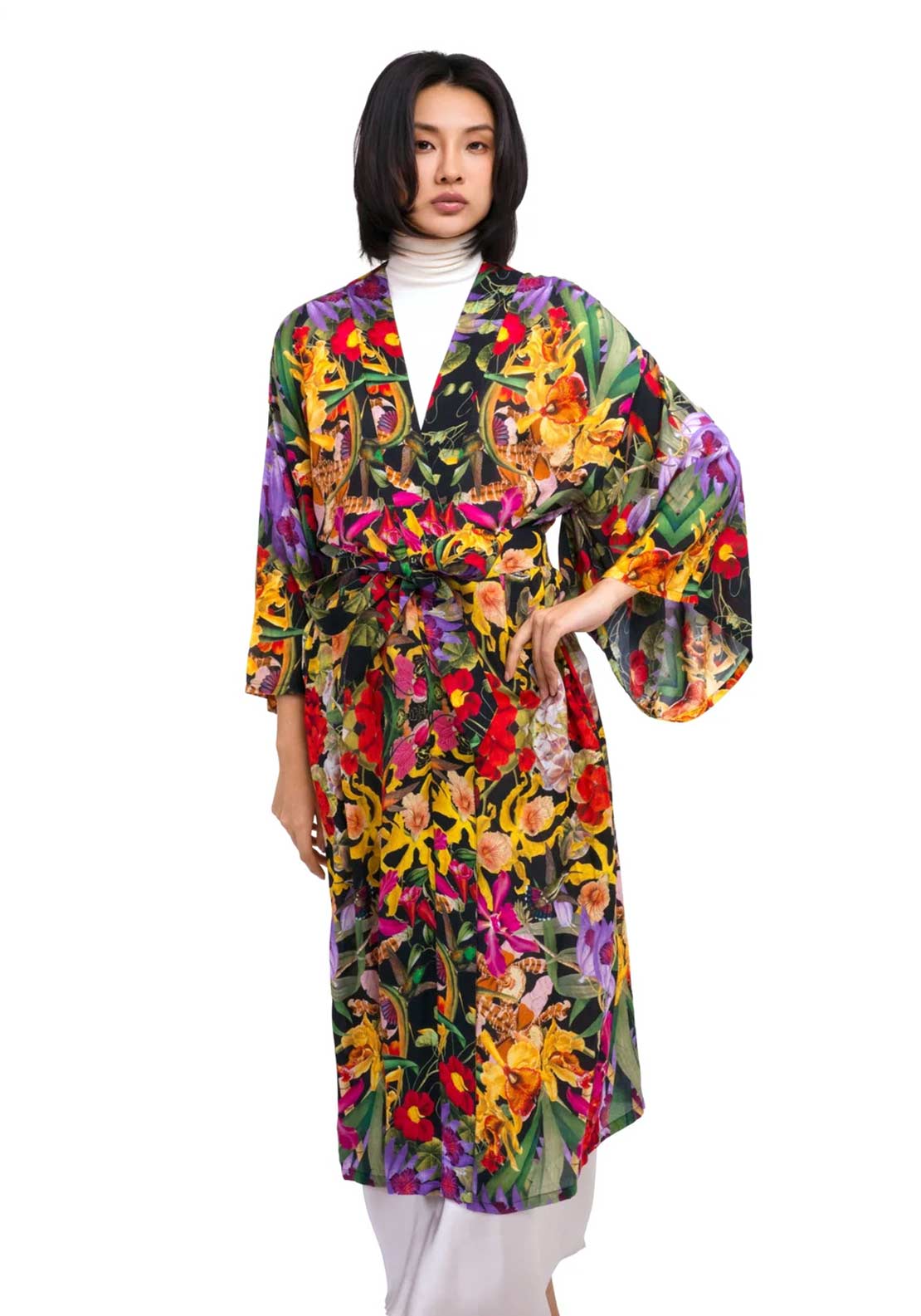Powder Botanical Kaleidoscope Long Kimono Gown, Black Multi