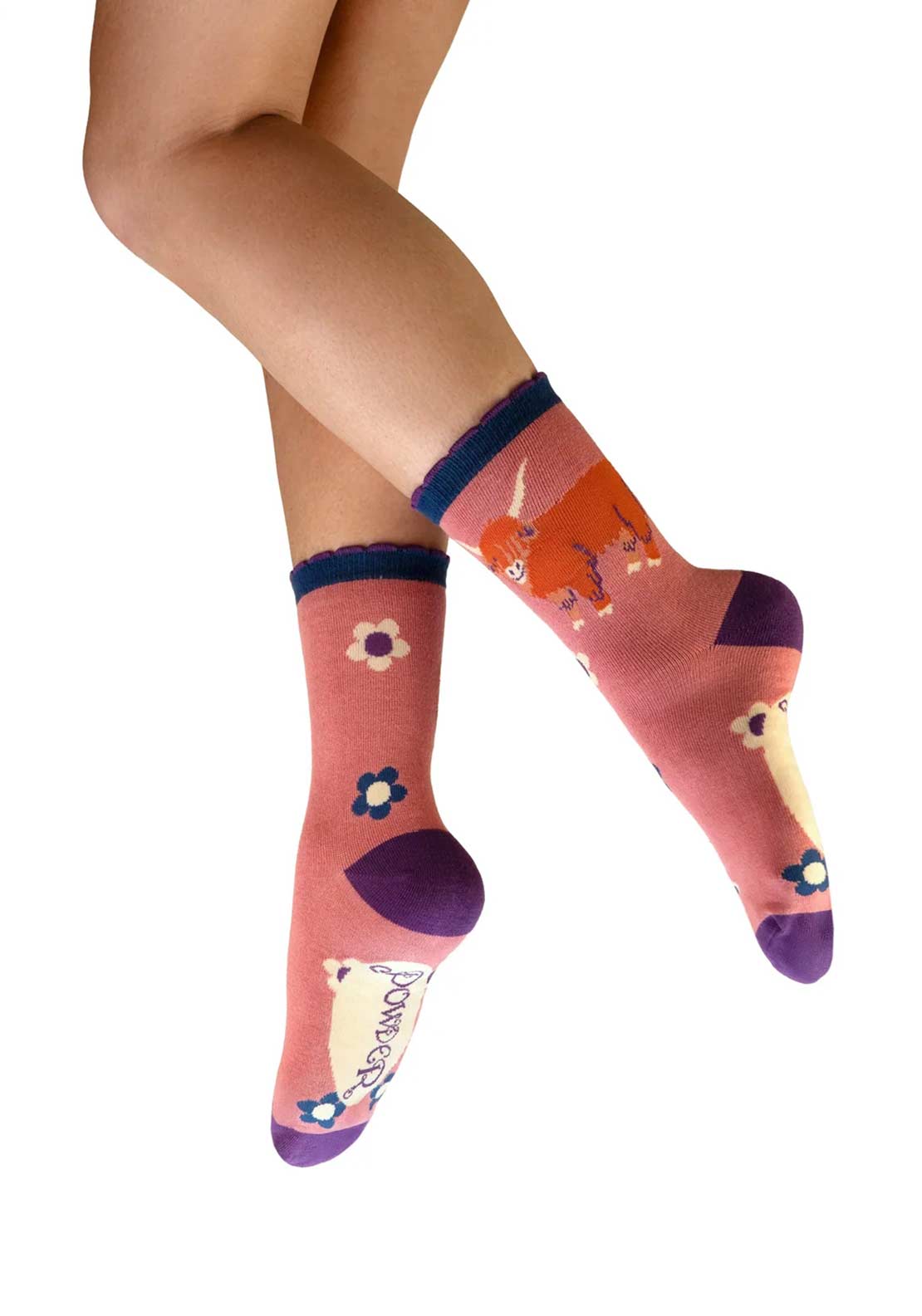 Powder Highland Cow Ankle Socks, Pink