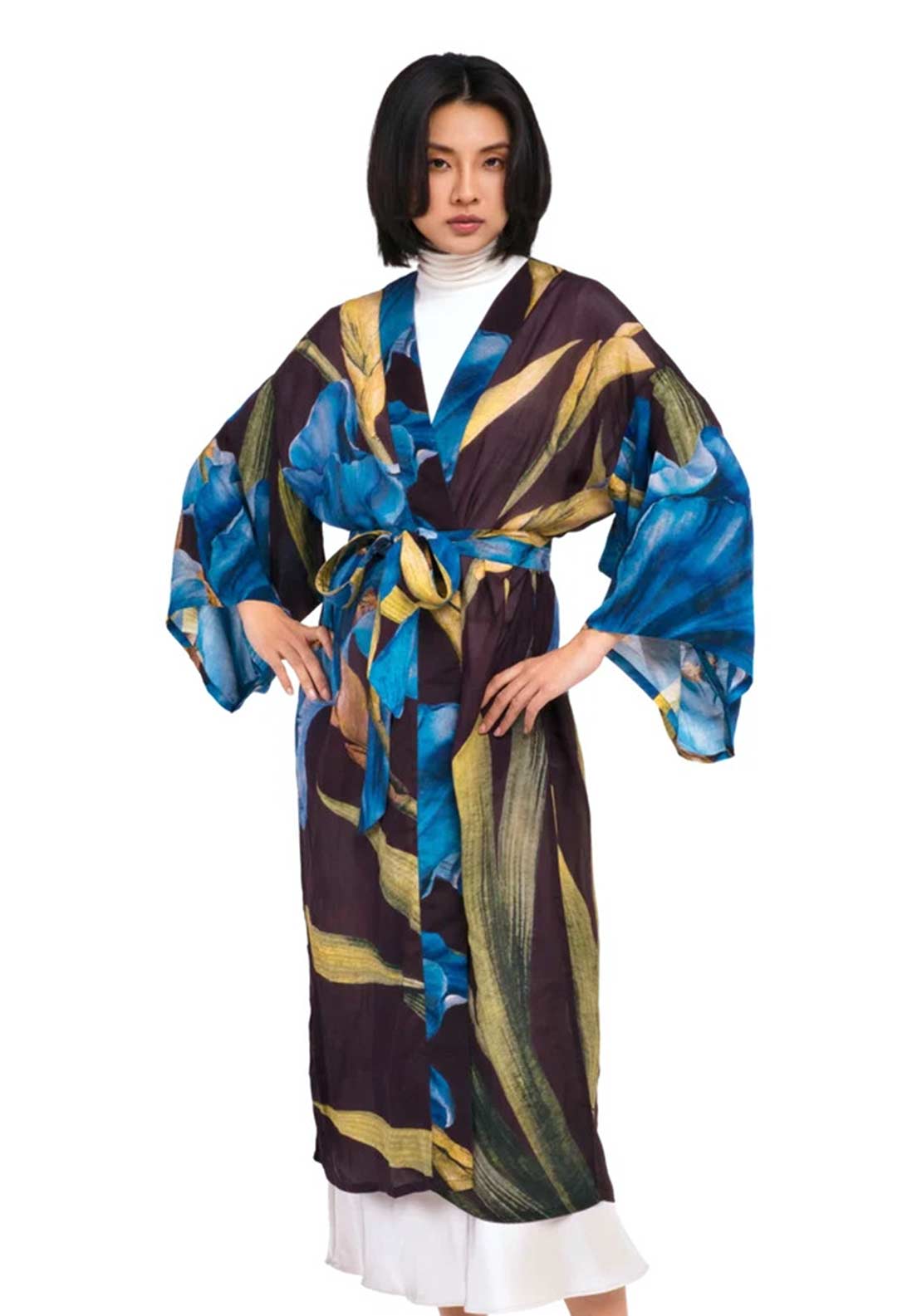 Powder Iris Long Kimono Gown, Blue