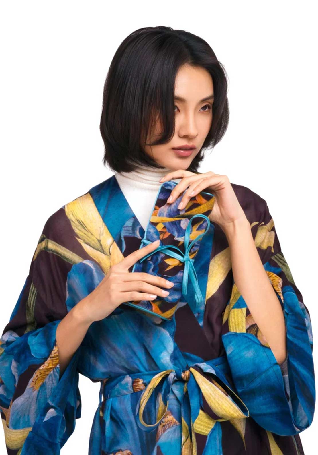 Powder Iris Long Kimono Gown, Blue