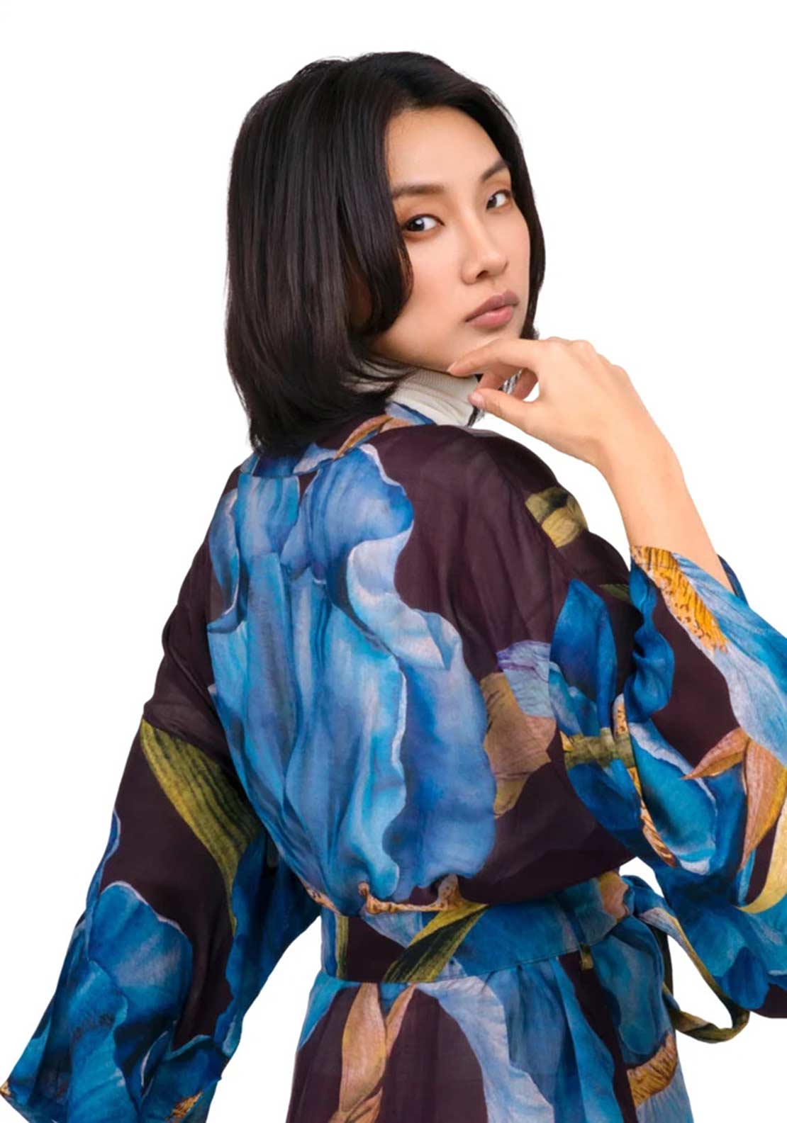 Powder Iris Long Kimono Gown, Blue