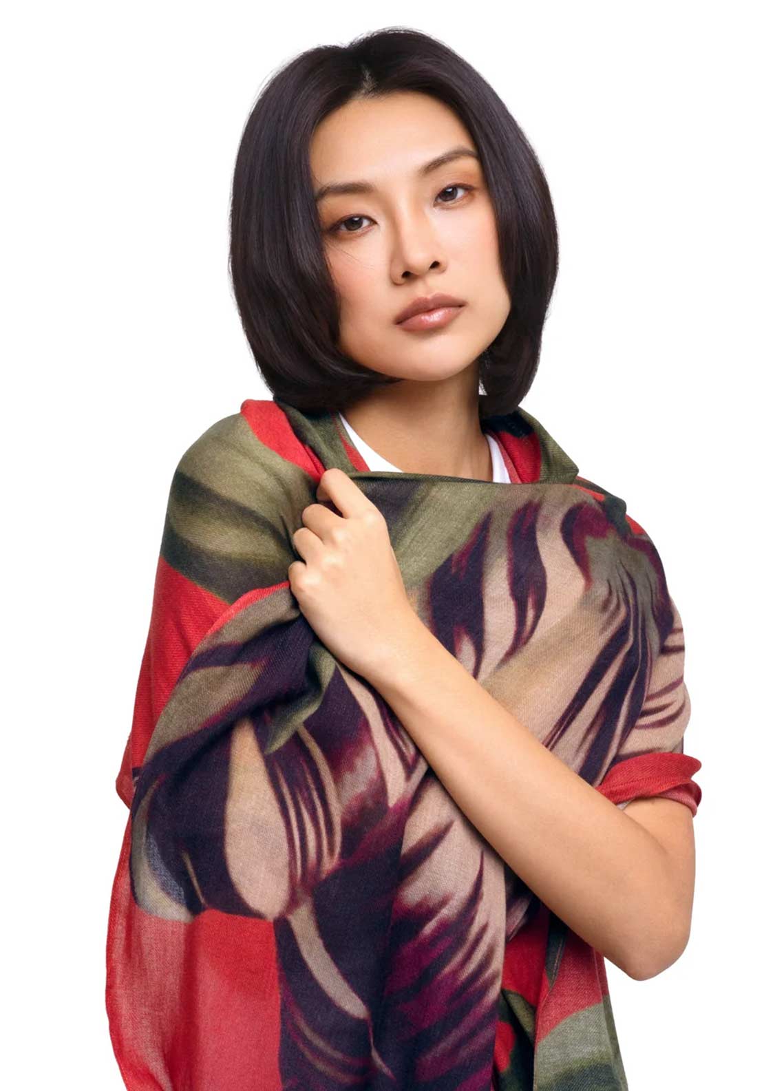 Powder Tulip Wool Wrap Scarf, Red Multi