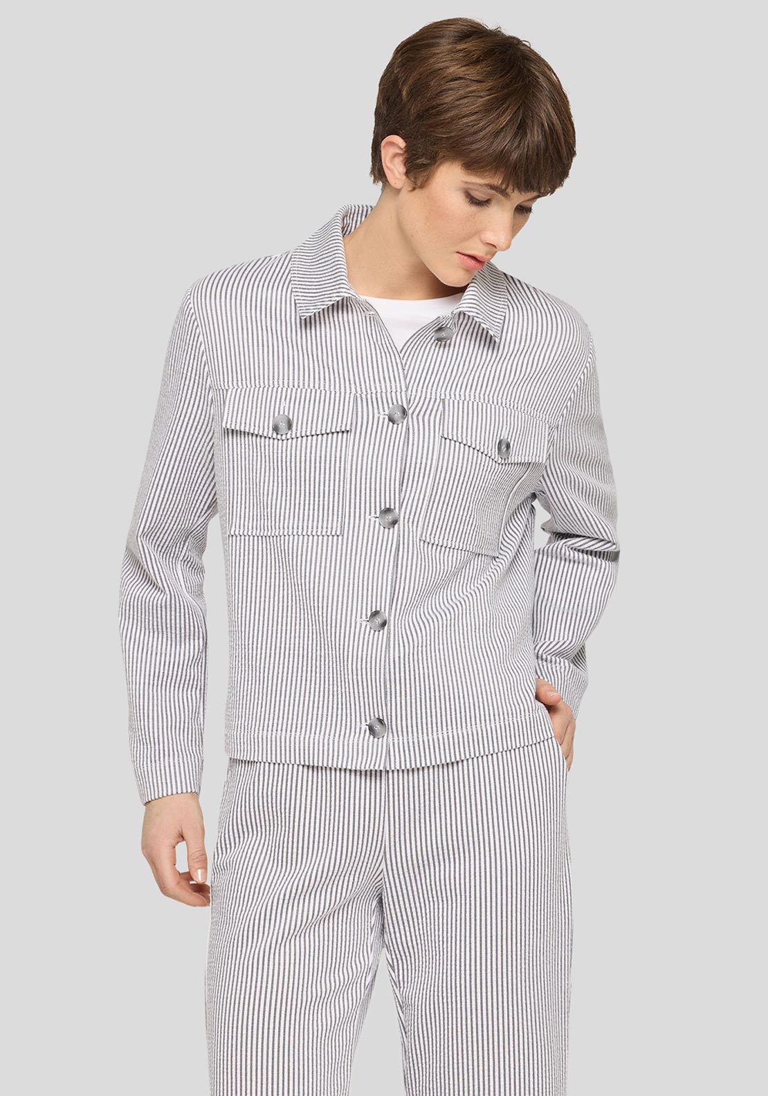 Rabe Striped Button Up Jacket, Grey Multi