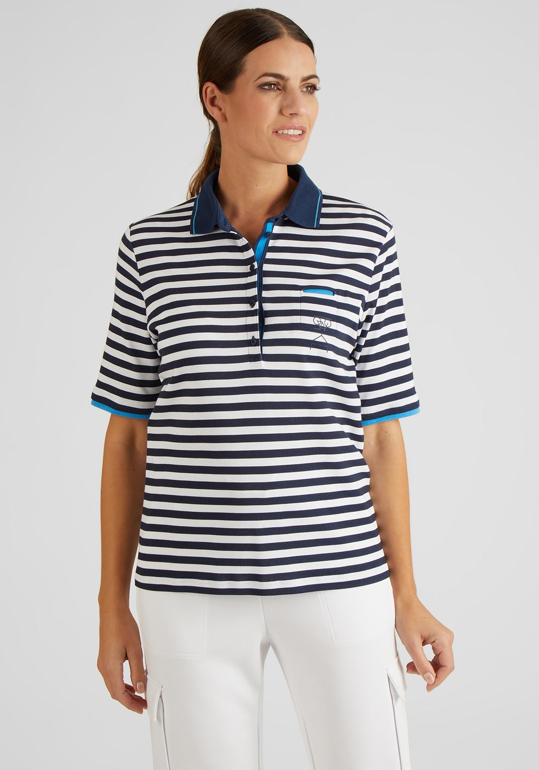 Rabe Stripe Print Polo Shirt, White & Navy - McElhinneys