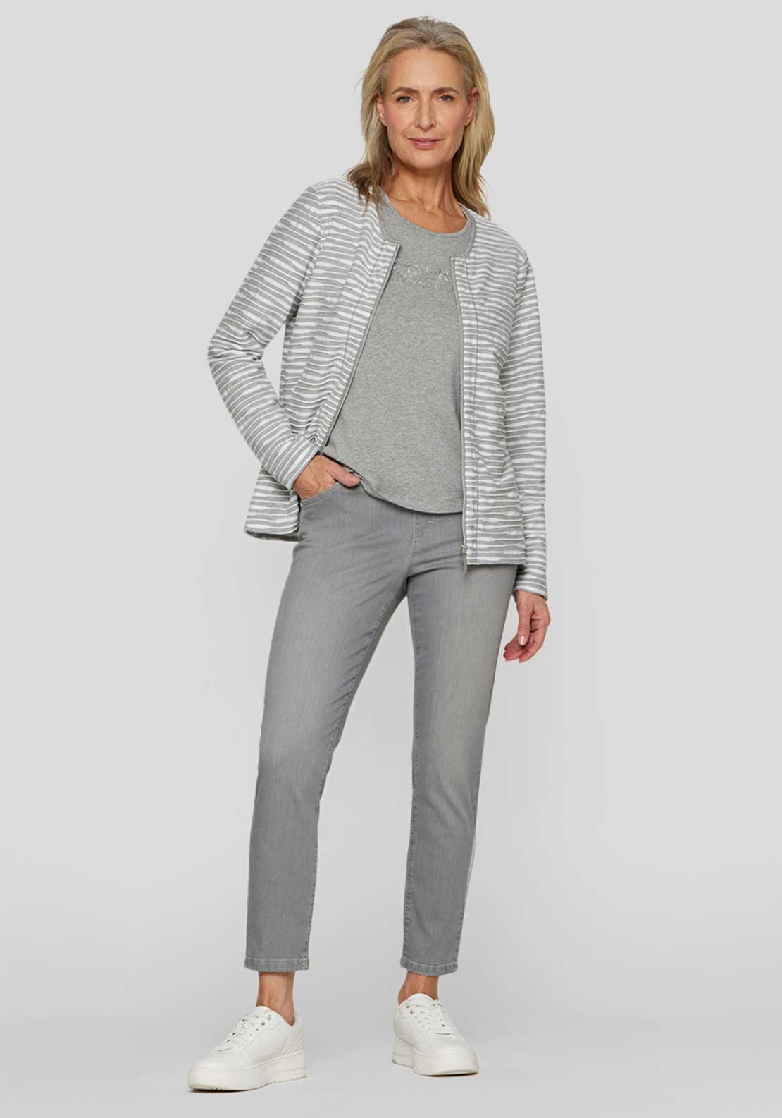 Rabe Textured Striped Jacket and T Shirt Twinset, Grey and White