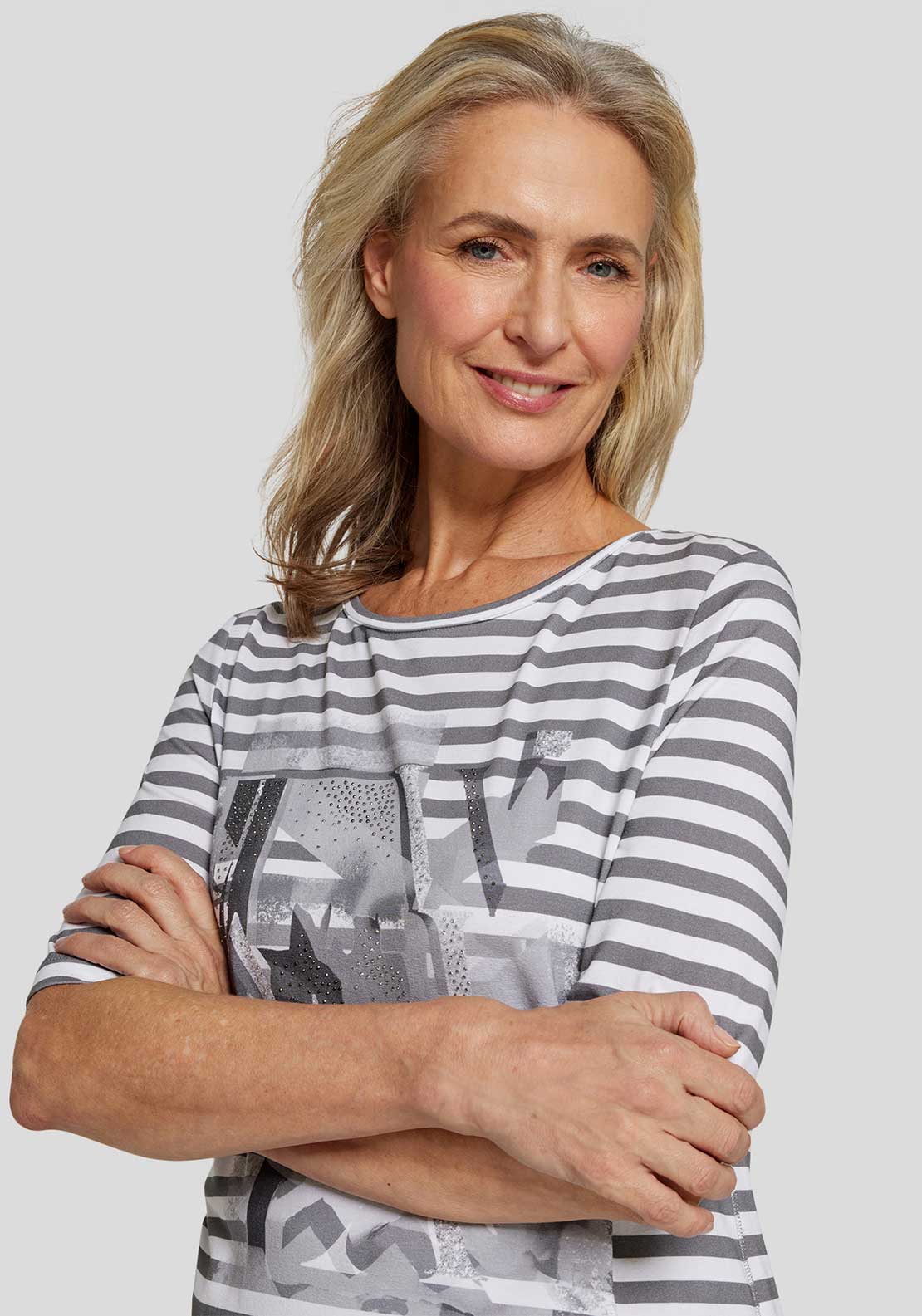Rabe Embellished Striped Top, Grey and White