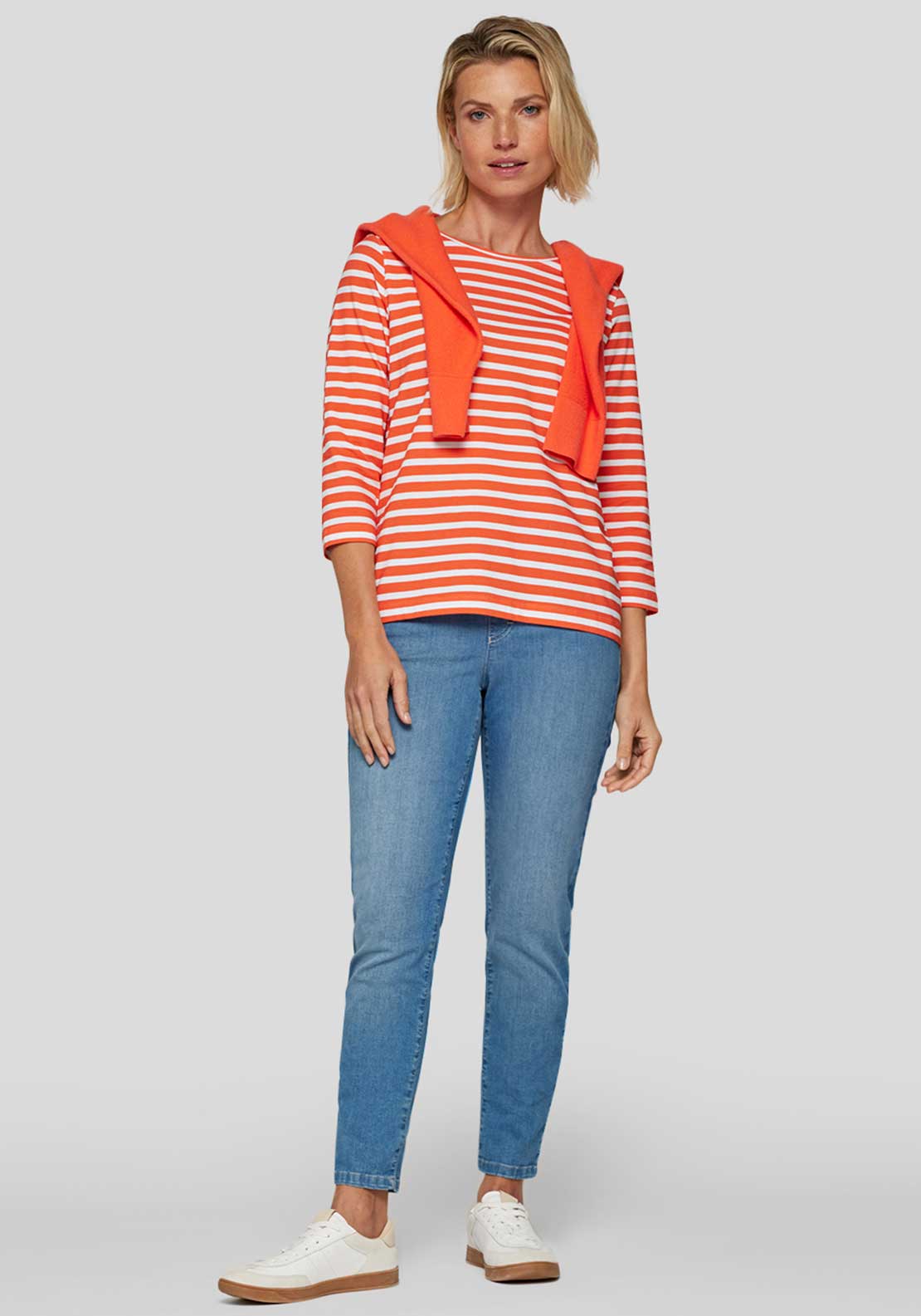 Rabe Striped Round Neck Top, Orange and White