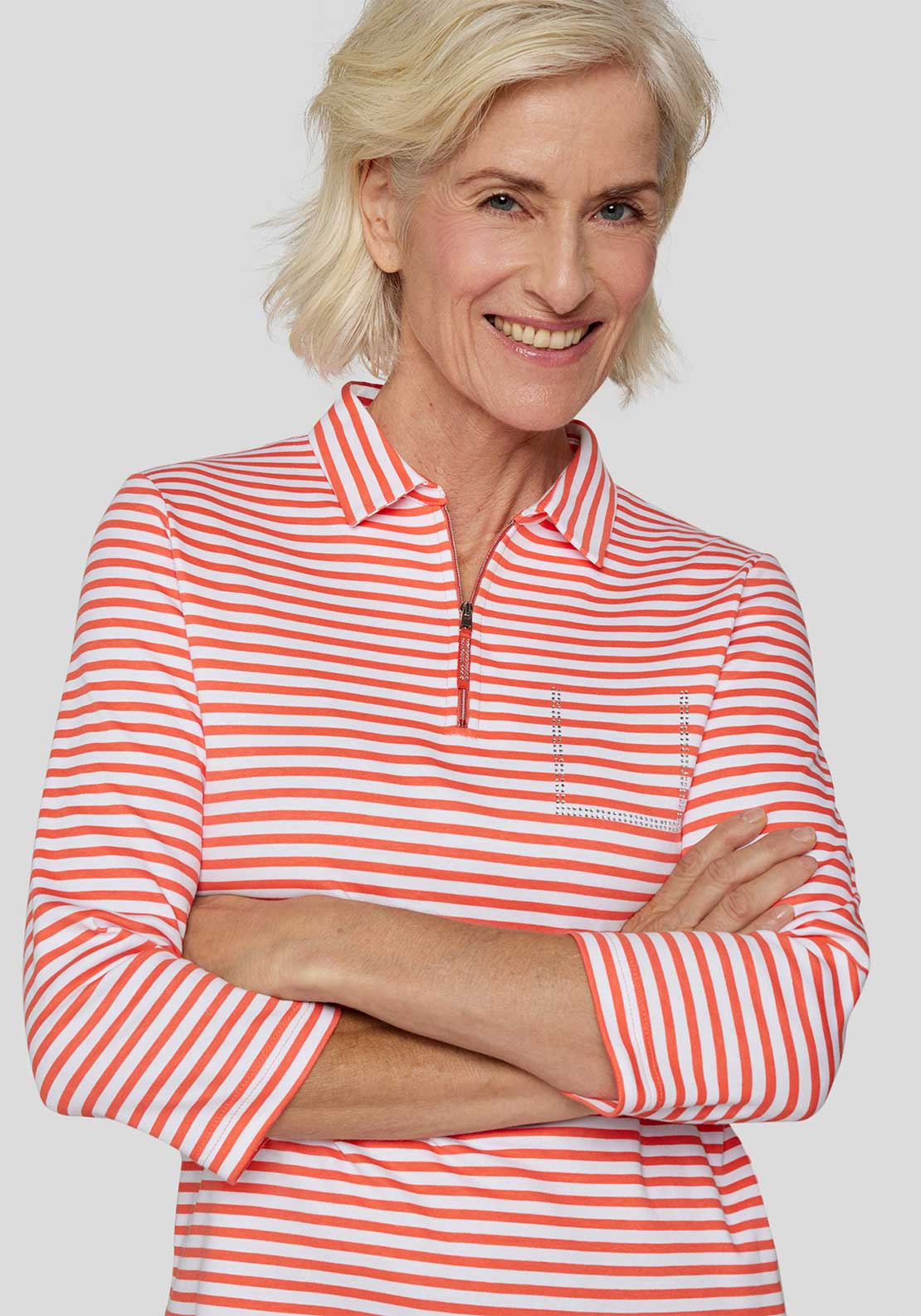Rabe Zip Neck Striped Top, Orange and White