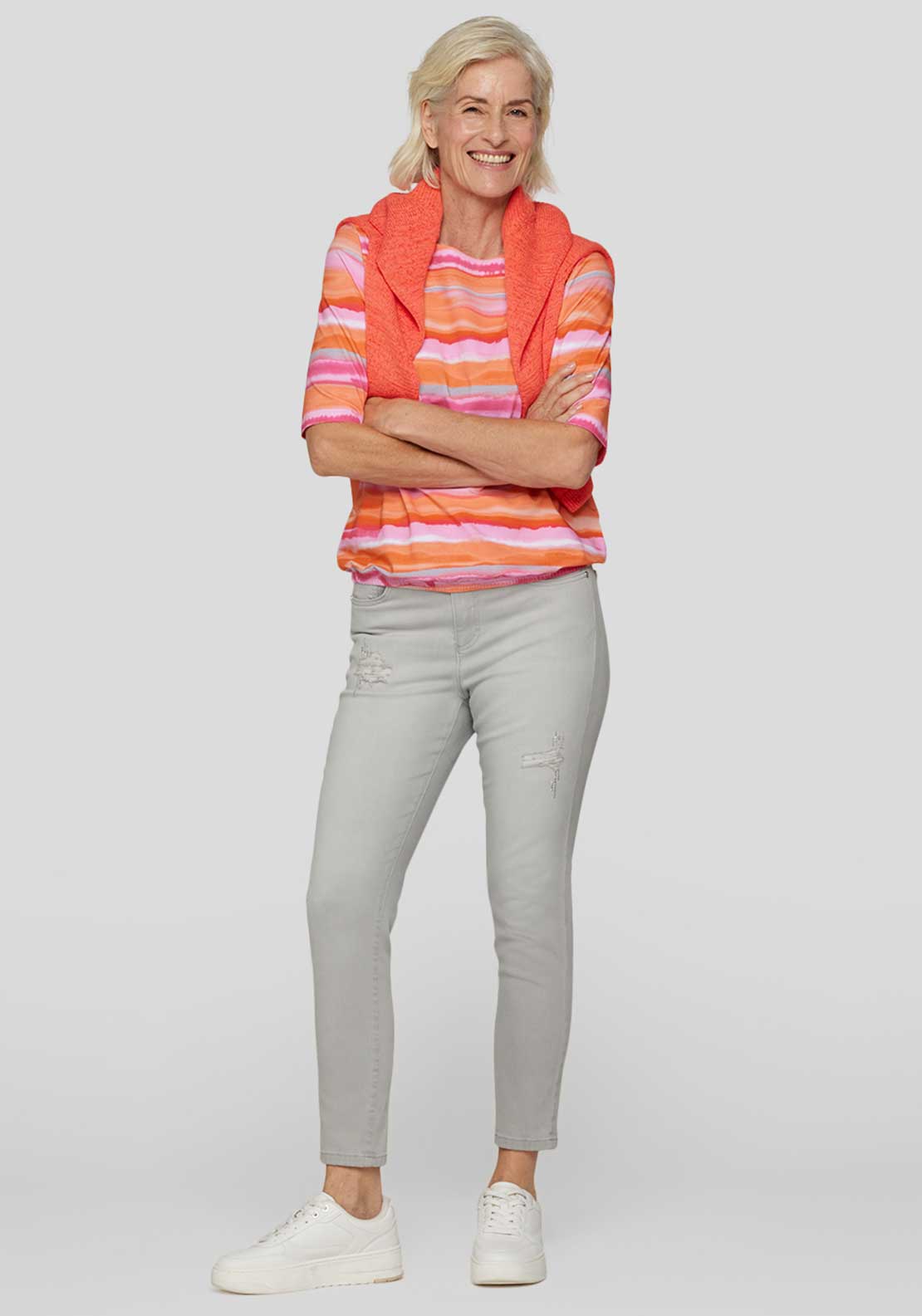 Rabe Blurred Stripe Short Sleeve Top, Orange Multi