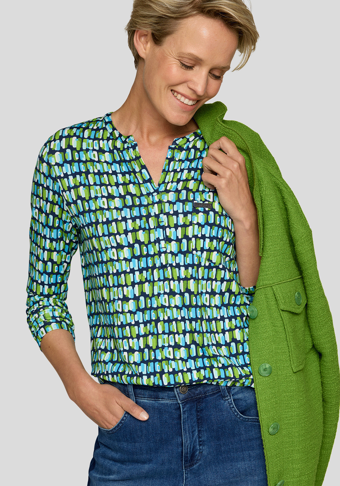 Rabe Geometric V Neck Long Sleeve Top, Green and Blue