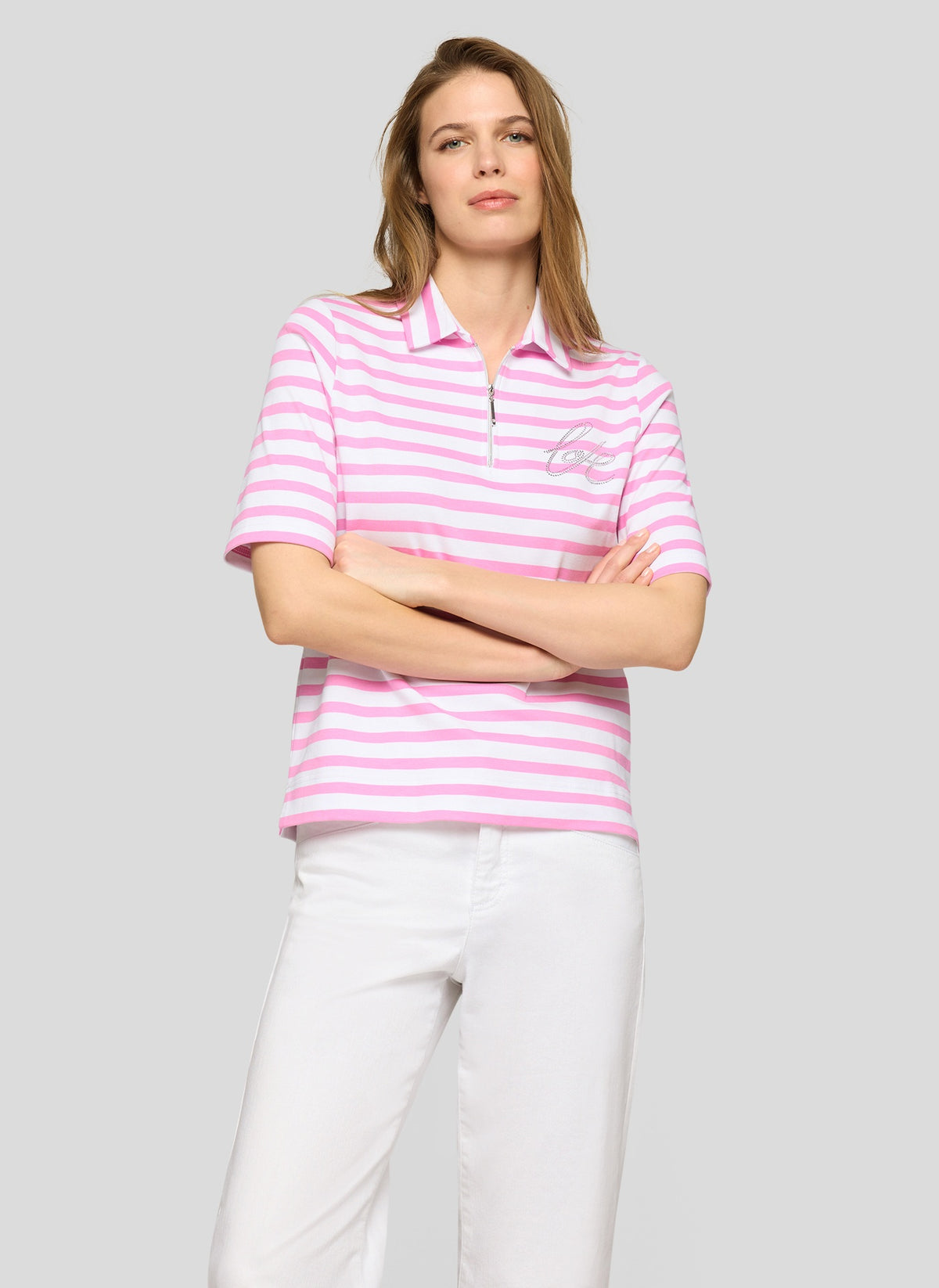 Rabe Striped with Quarter-Zip Detail Polo Shirt, White and Pink