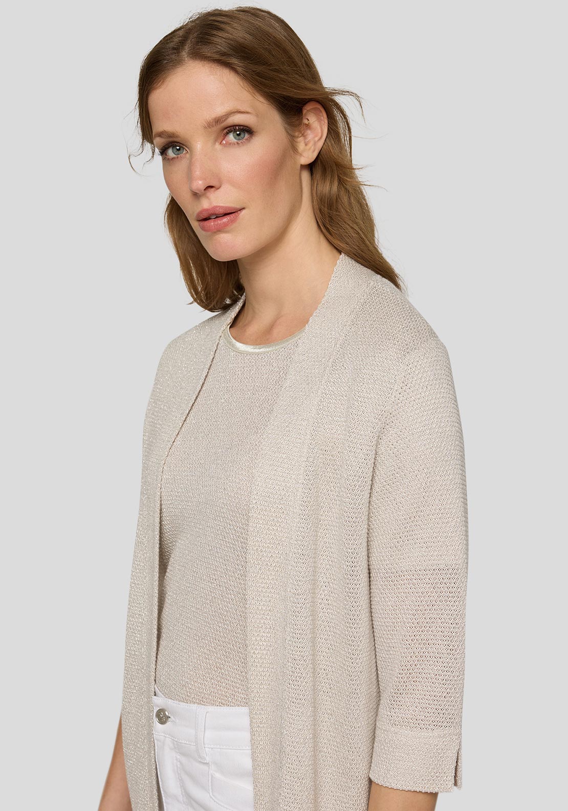 Rabe Open Front Cropped Sleeve Knit Cardigan, Beige