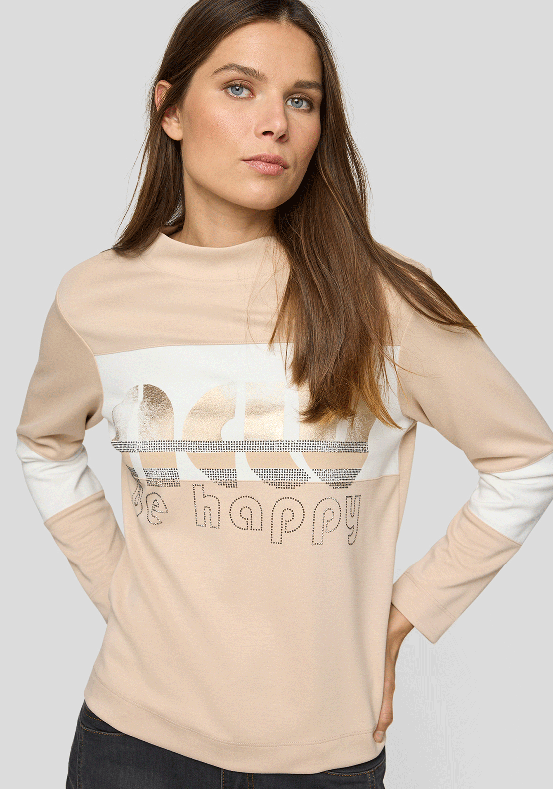 Rabe Colour Block Rhinestone Long Sleeve Top, Beige