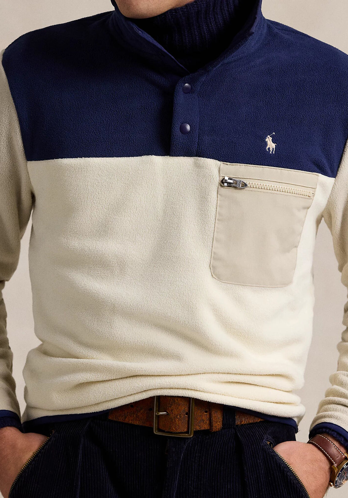 Ralph Lauren Colour-Blocked Brushed Fleece, Cream Multi