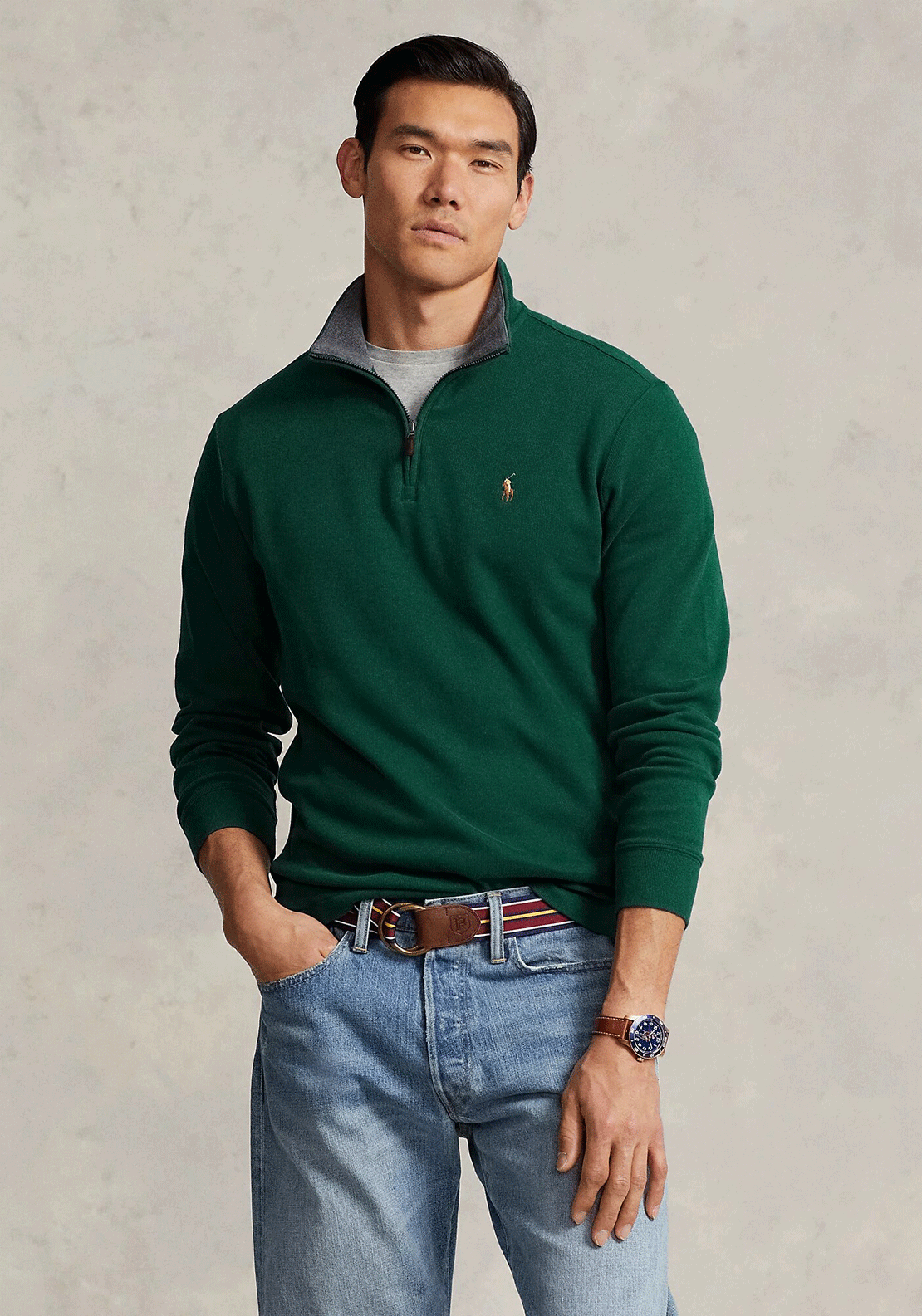 Ralph Lauren Estate Rib Half Zip Sweater Moss Agate McElhinneys