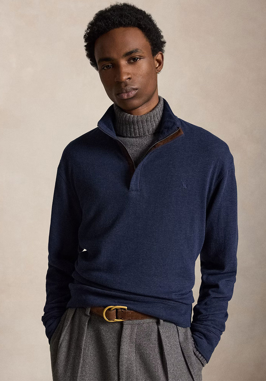 Ralph Lauren Herringbone Print Quarter Zip Sweater, Spring Navy Heather