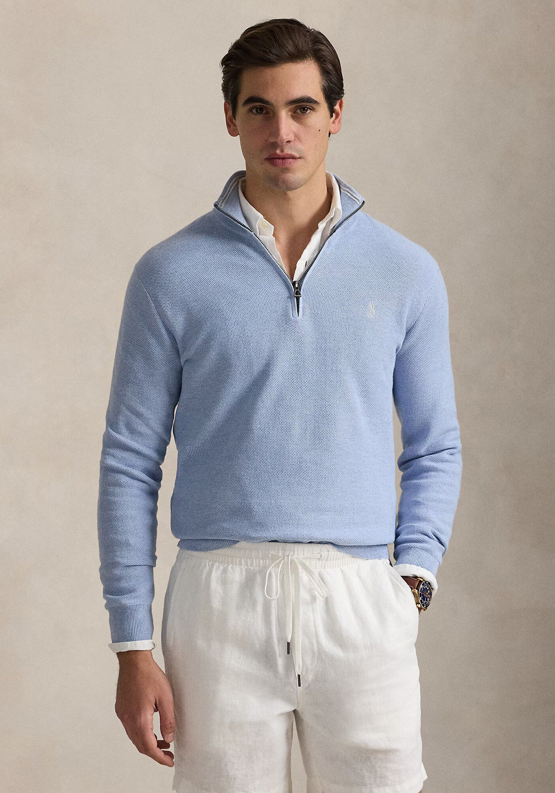 Ralph Lauren Mesh Knit Cotton Quarter Zip Sweater, Blue Hyacinth
