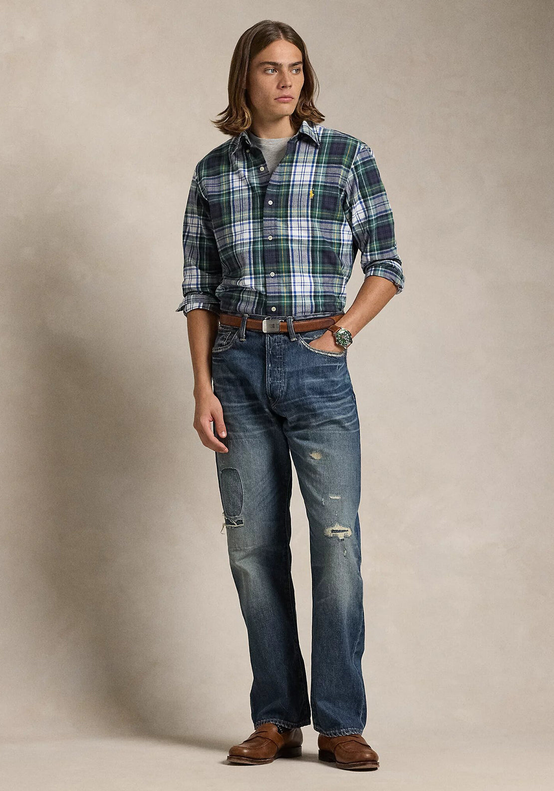 Ralph Lauren Plaid Brushed Oxford Shirt, Green & White