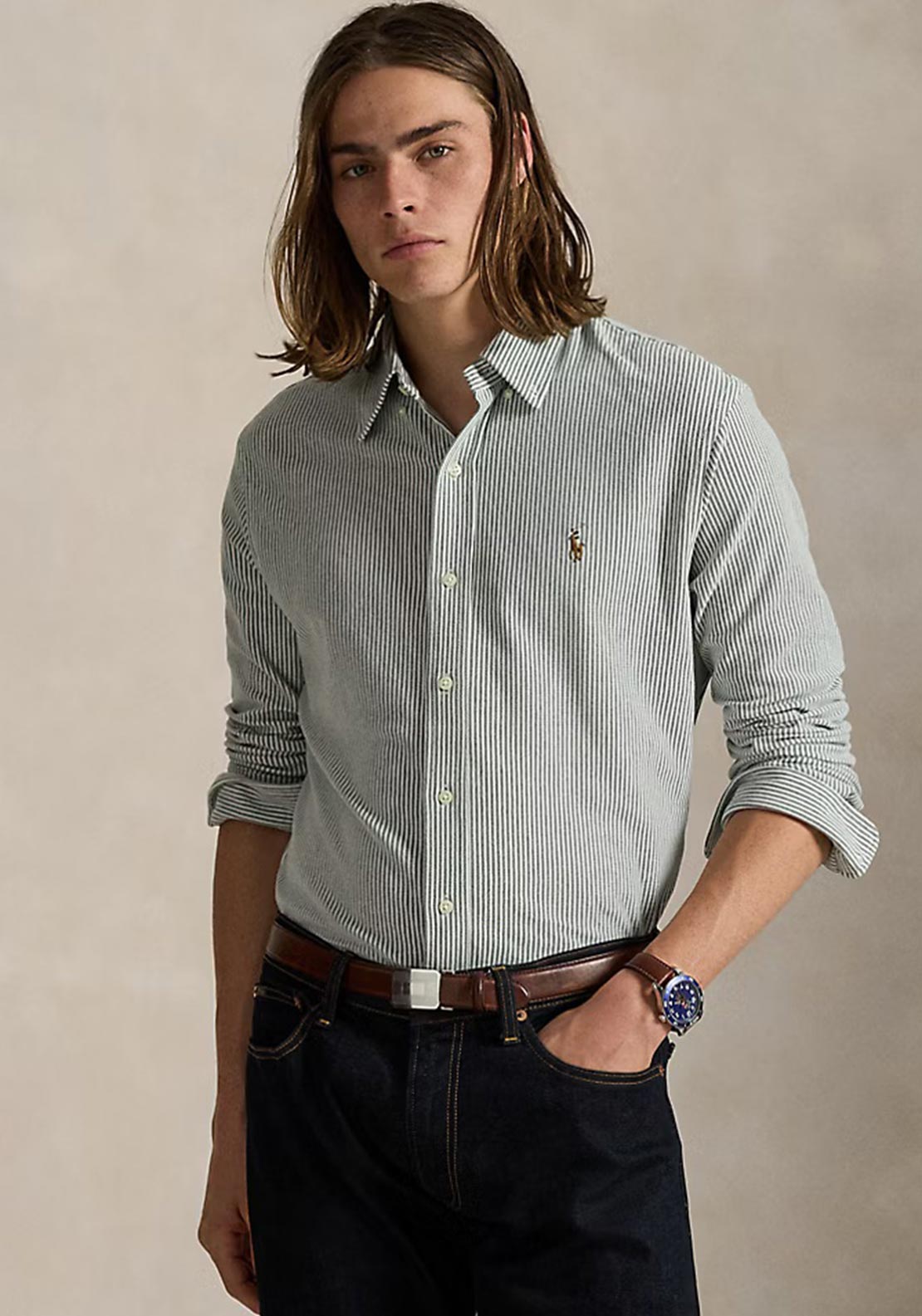 Ralph Lauren Striped Knit Oxford Shirt, Pine Green - McElhinneys