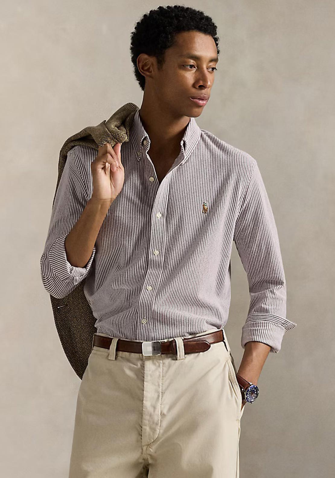Ralph Lauren Striped Knit Oxford Shirt, Wine - McElhinneys