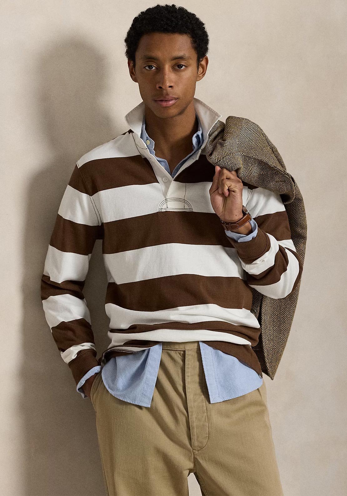 Ralph Lauren The Iconic Rugby Shirt, Brown & White - McElhinneys