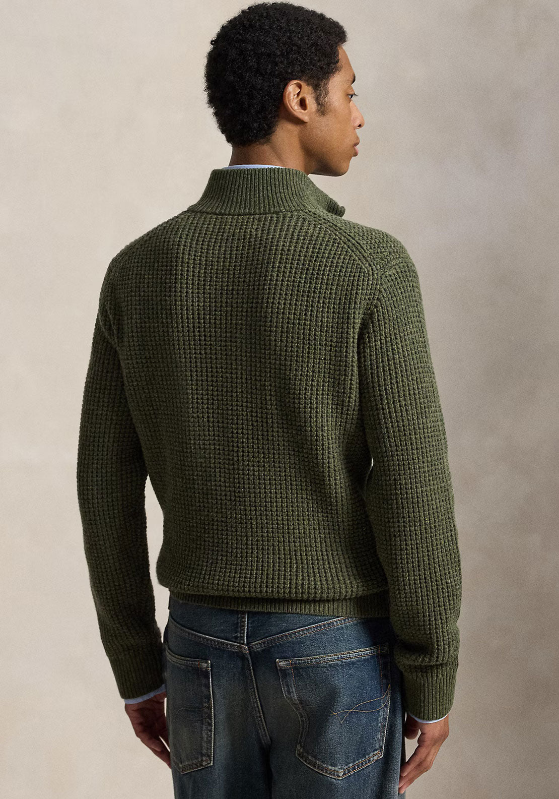 Ralph Lauren Waffle Knit Quarter Zip Jumper, Olive Green Heather