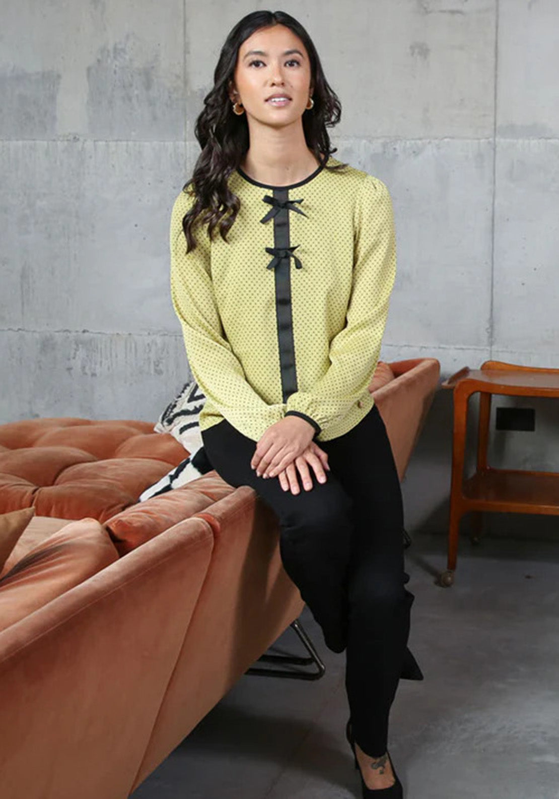 Rant and Rave Polka Dot Print Bow Blouse, Lime Green