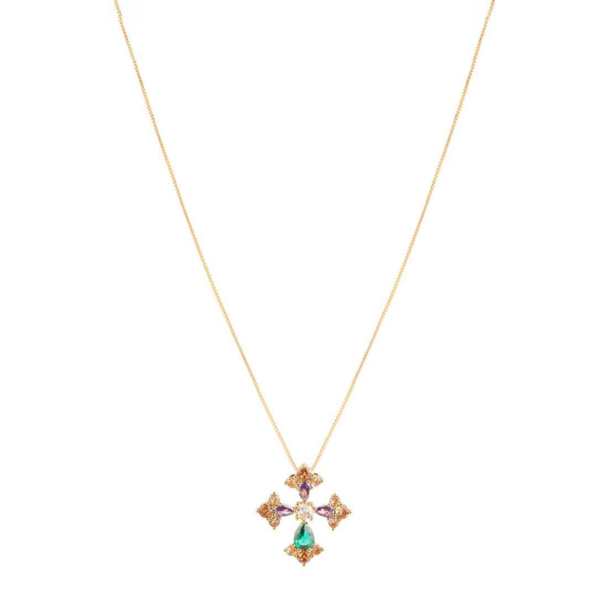 Rebecca Judith Coloured Stones Cross Pendant Necklace, Gold