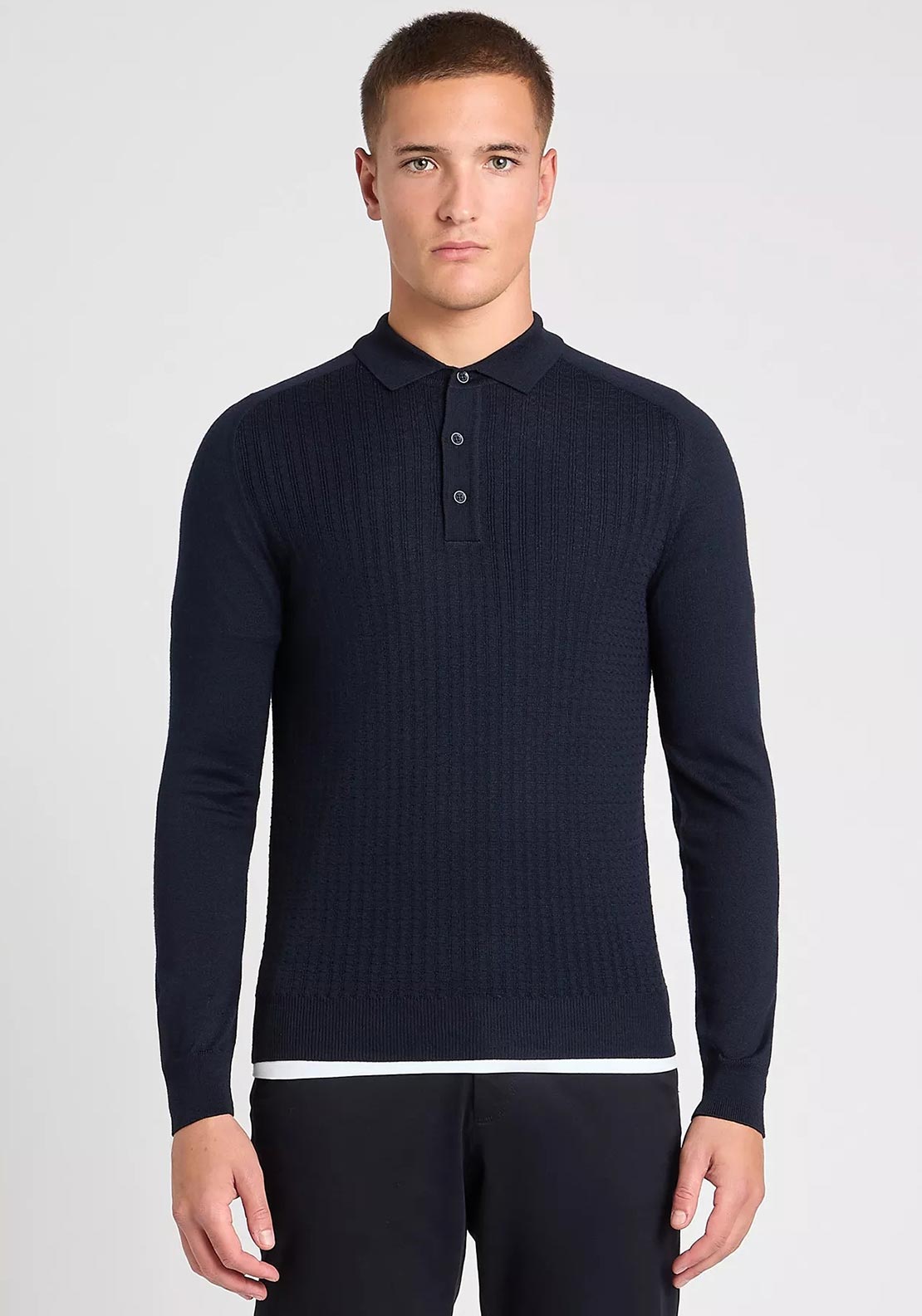 Remus Uomo Long Sleeve Honeycomb Knit Polo Shirt, Navy