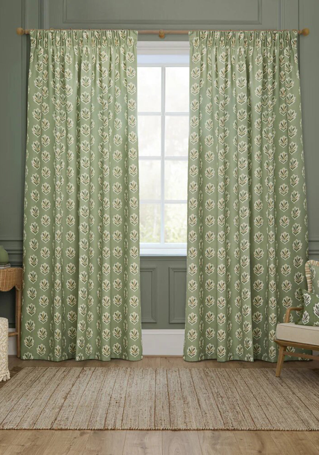 Sanderson Sessile Leaf Motif Lined Pencil Pleat Curtains, Sage