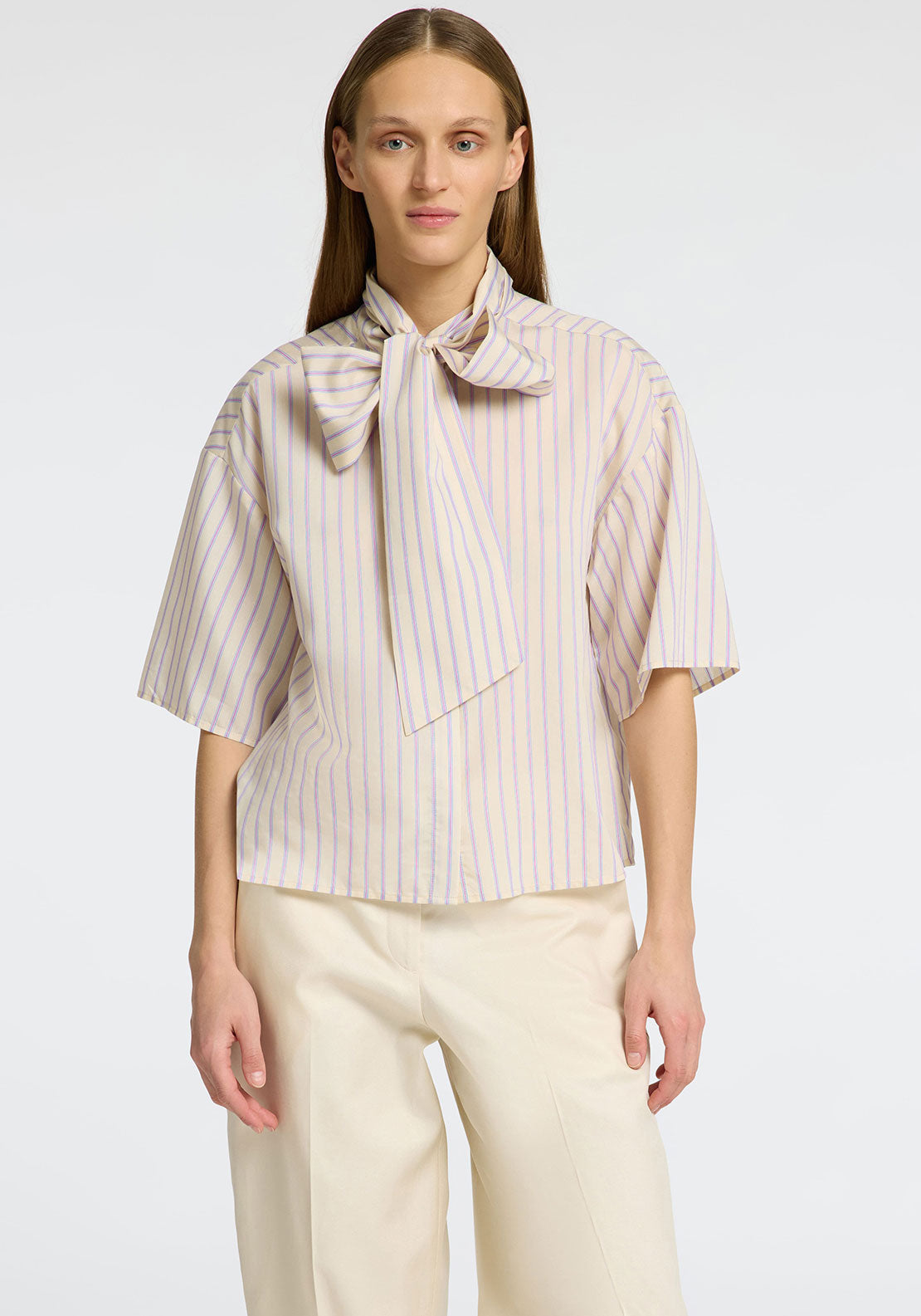 Selected Femme Lana Juno Striped Bow Shirt, Cream