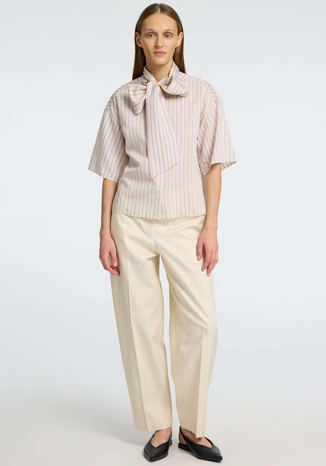 Selected Femme Lana Juno Striped Bow Shirt, Cream