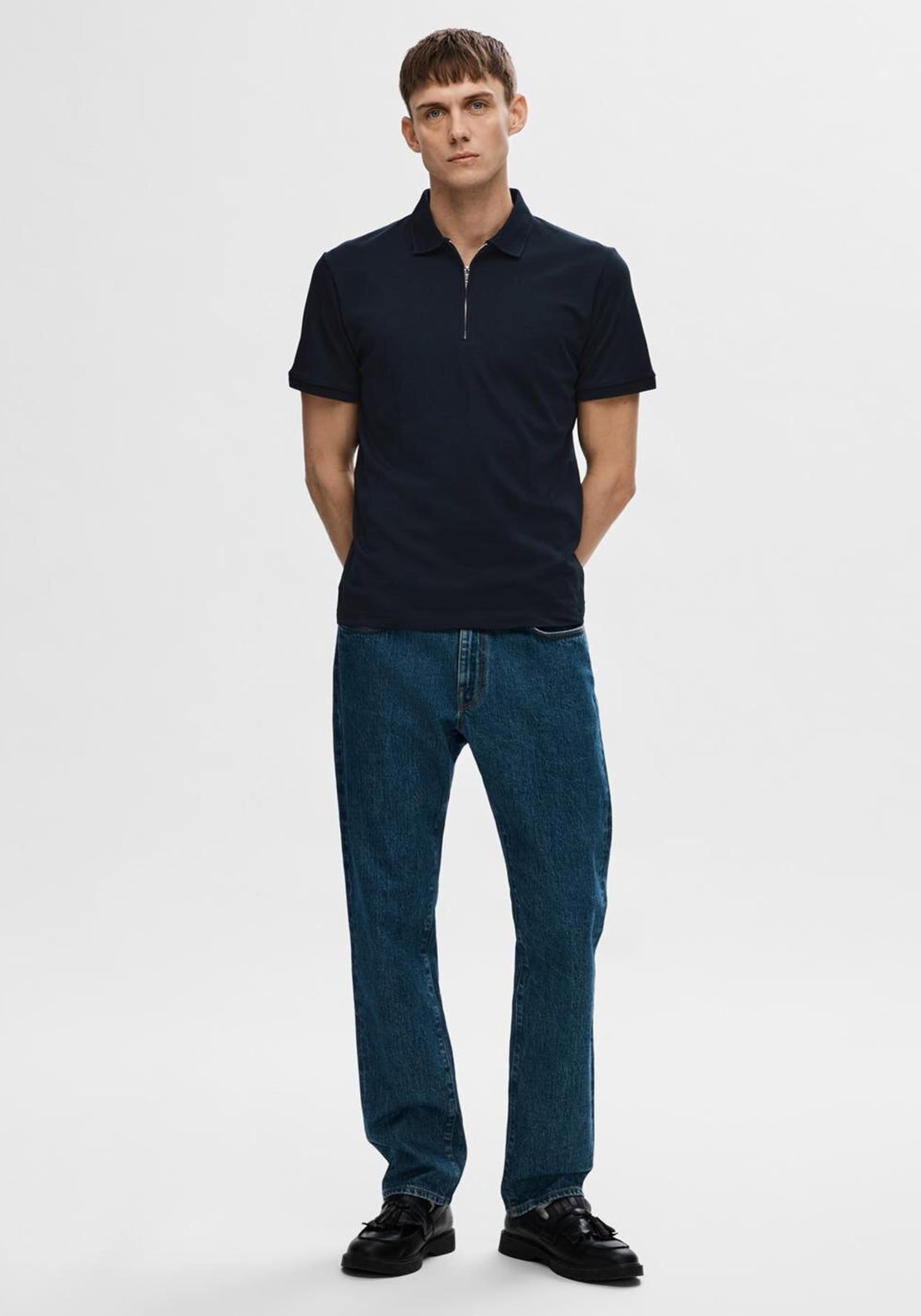 Selected Homme Zip Polo Shirt, Navy