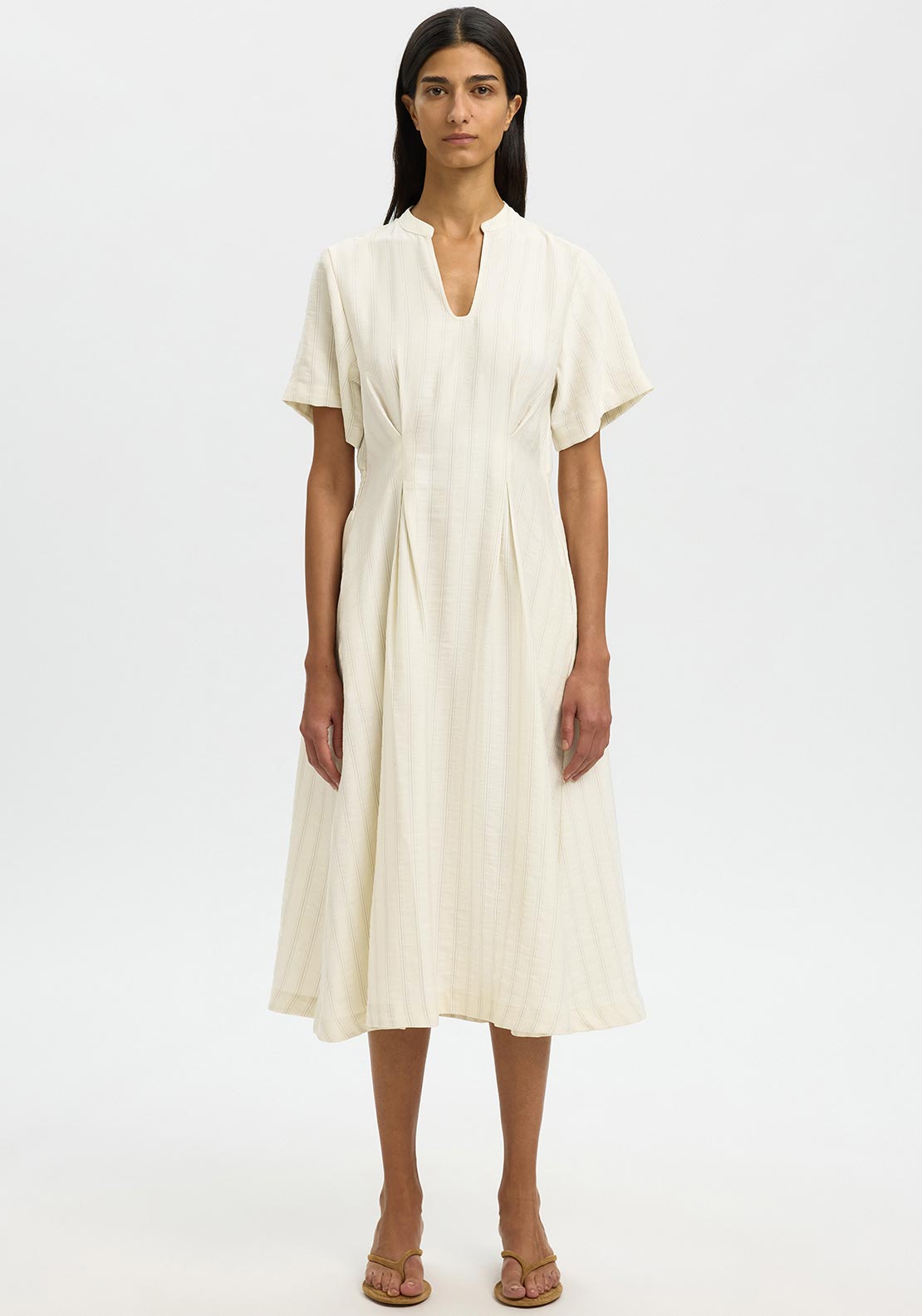 Selected Femme Marie Striped V Neck Midi Dress, Cream