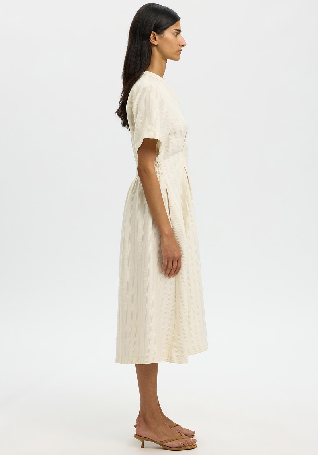 Selected Femme Marie Striped V Neck Midi Dress, Cream