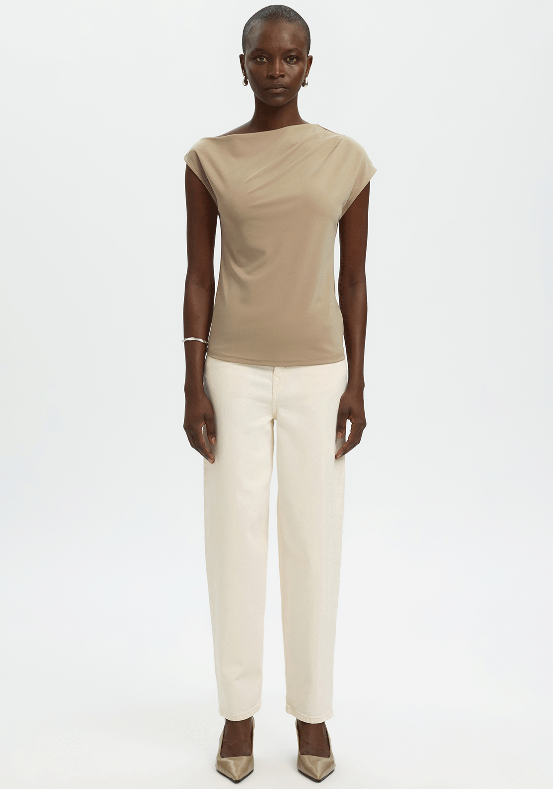 Selected Femme Molly Draped Shoulder Top, Beige
