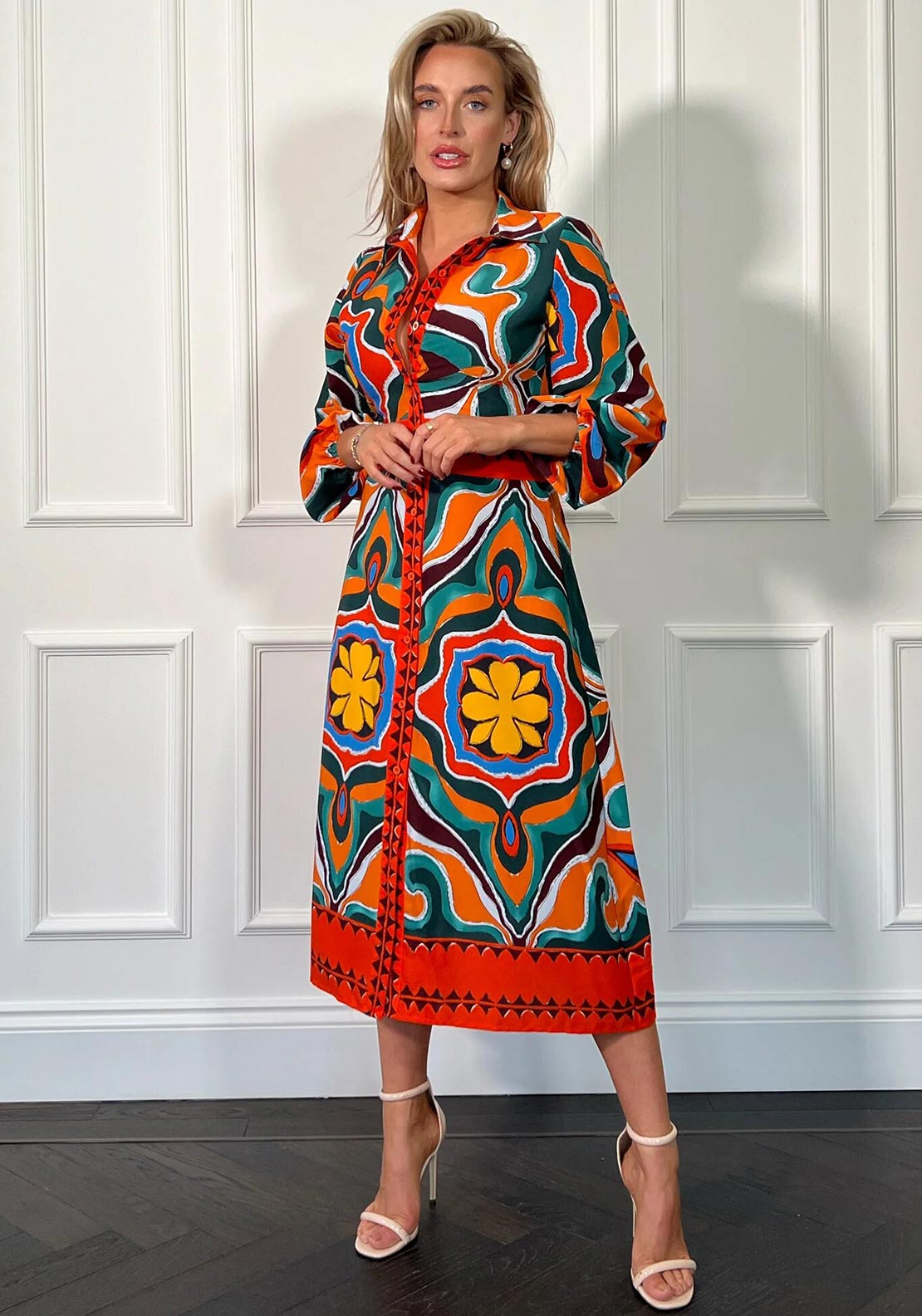 abstract shirt dress Momoni Abstract Green Silk Maxi Collared Shirt Dress Timeless