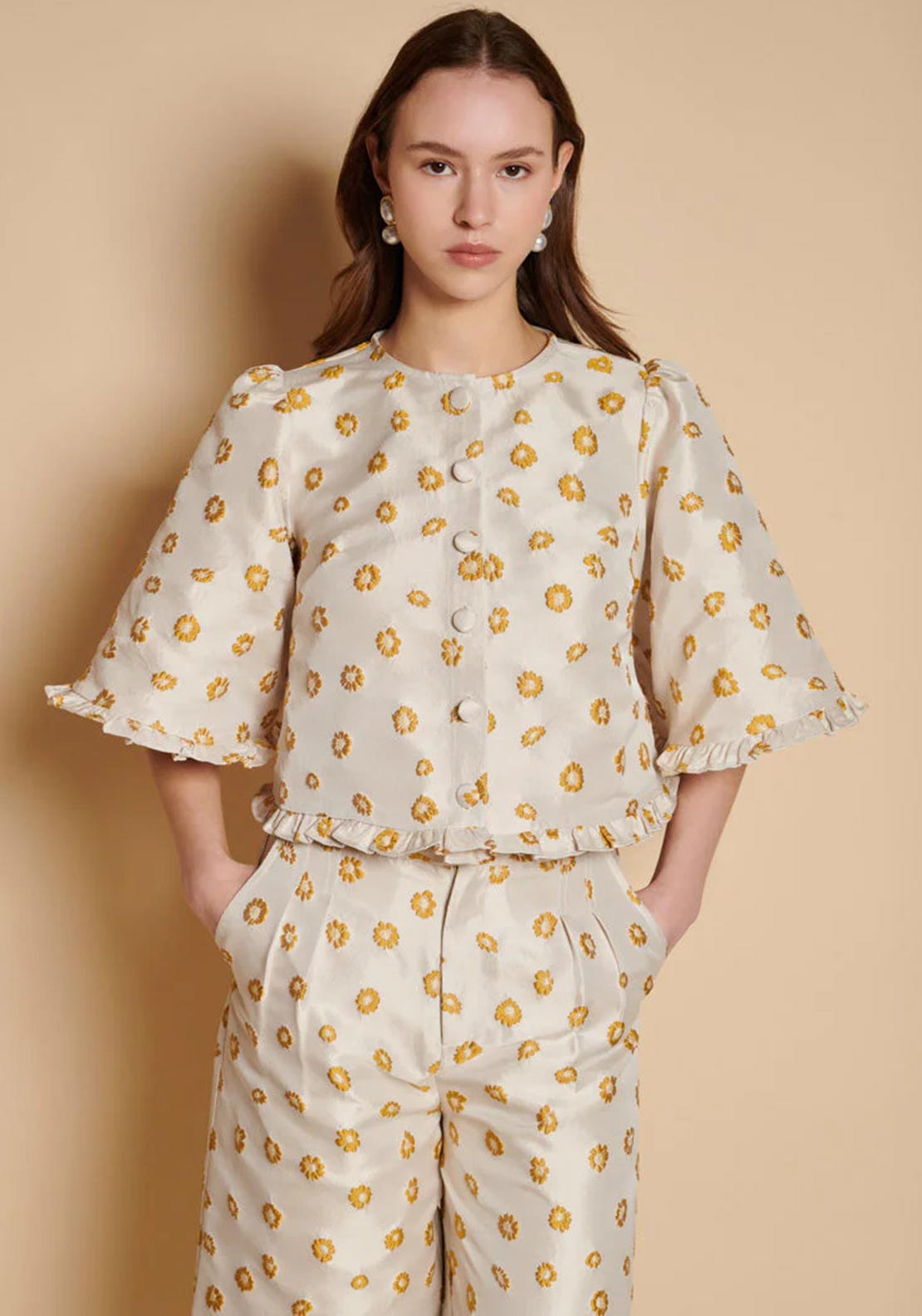 Sister Jane Mora Jacqaurd Frill Button Top, Beige - McElhinneys