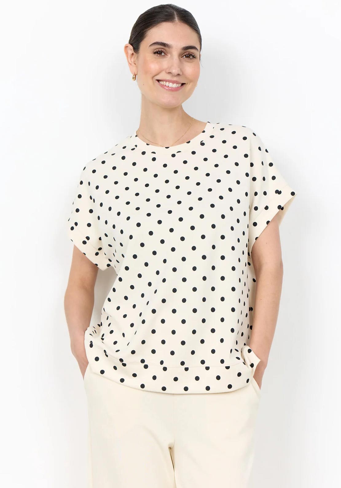 Soyaconcept Godiva Polka Dot Jersey Top, Cream - McElhinneys