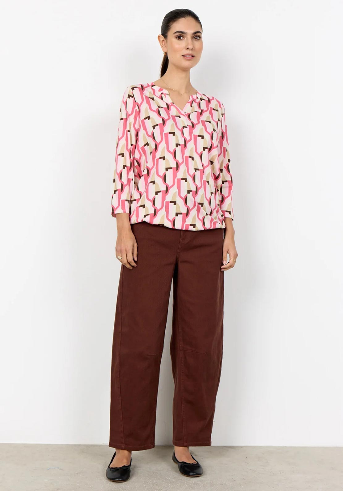 Soyaconcept Felicity Geometric Print V-Neck Blouse, Pink