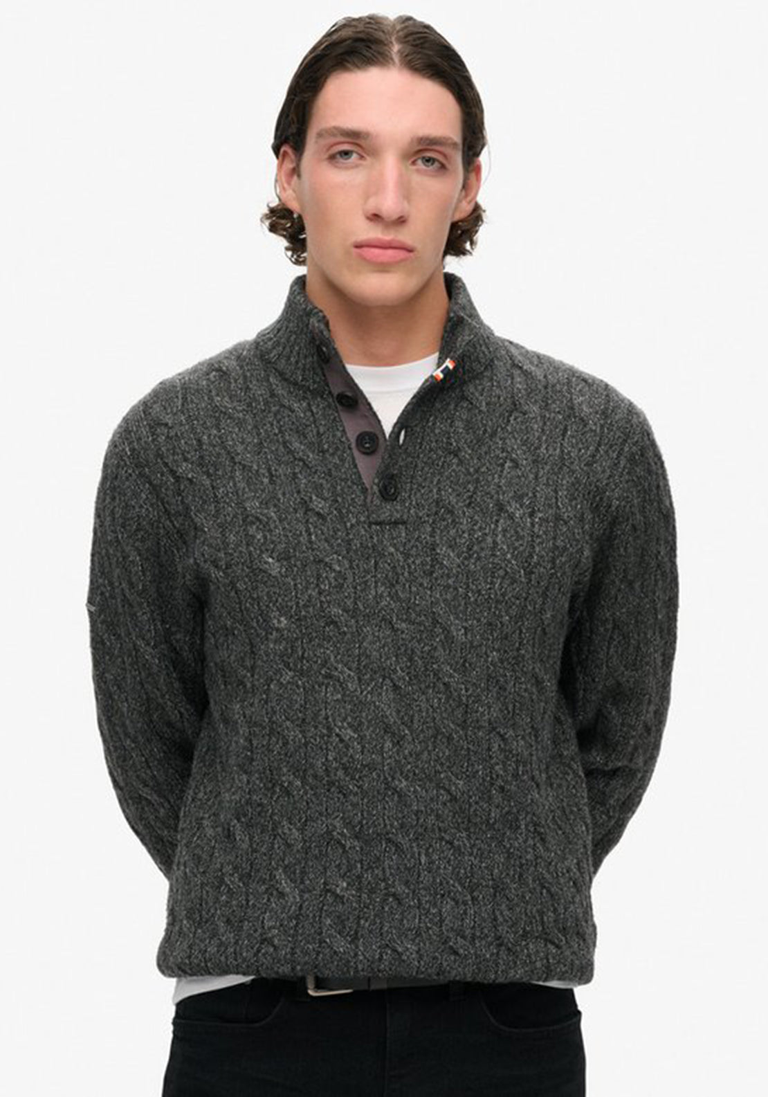 Superdry Cable Button Neck Jumper, Washed Black