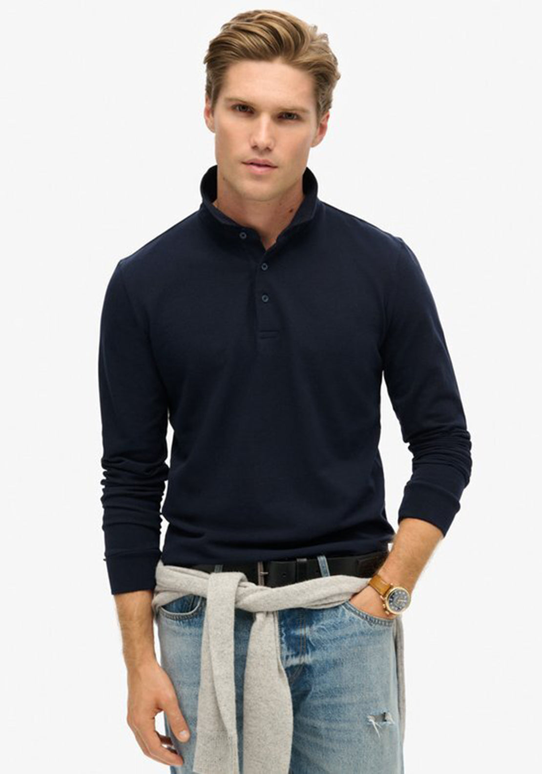 Superdry Long Sleeve Pique Polo Shirt, Eclipse Navy