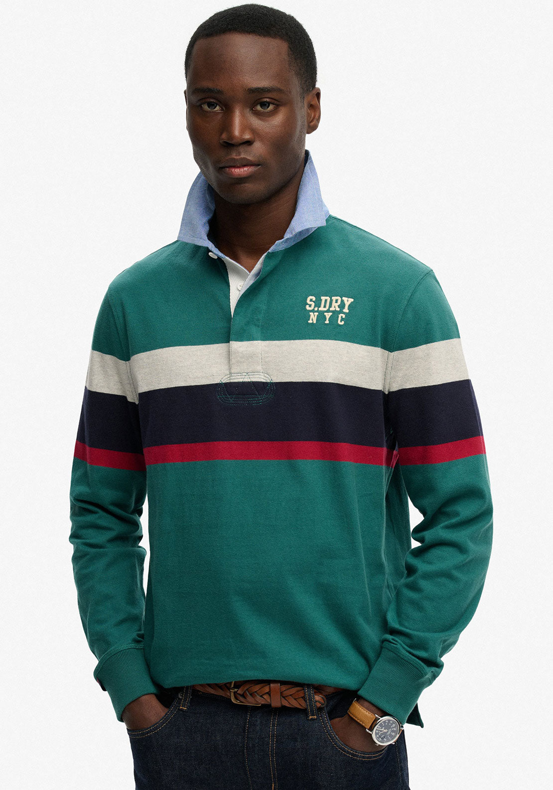 Superdry Vintage Chestband Rugby Shirt, Green Multi